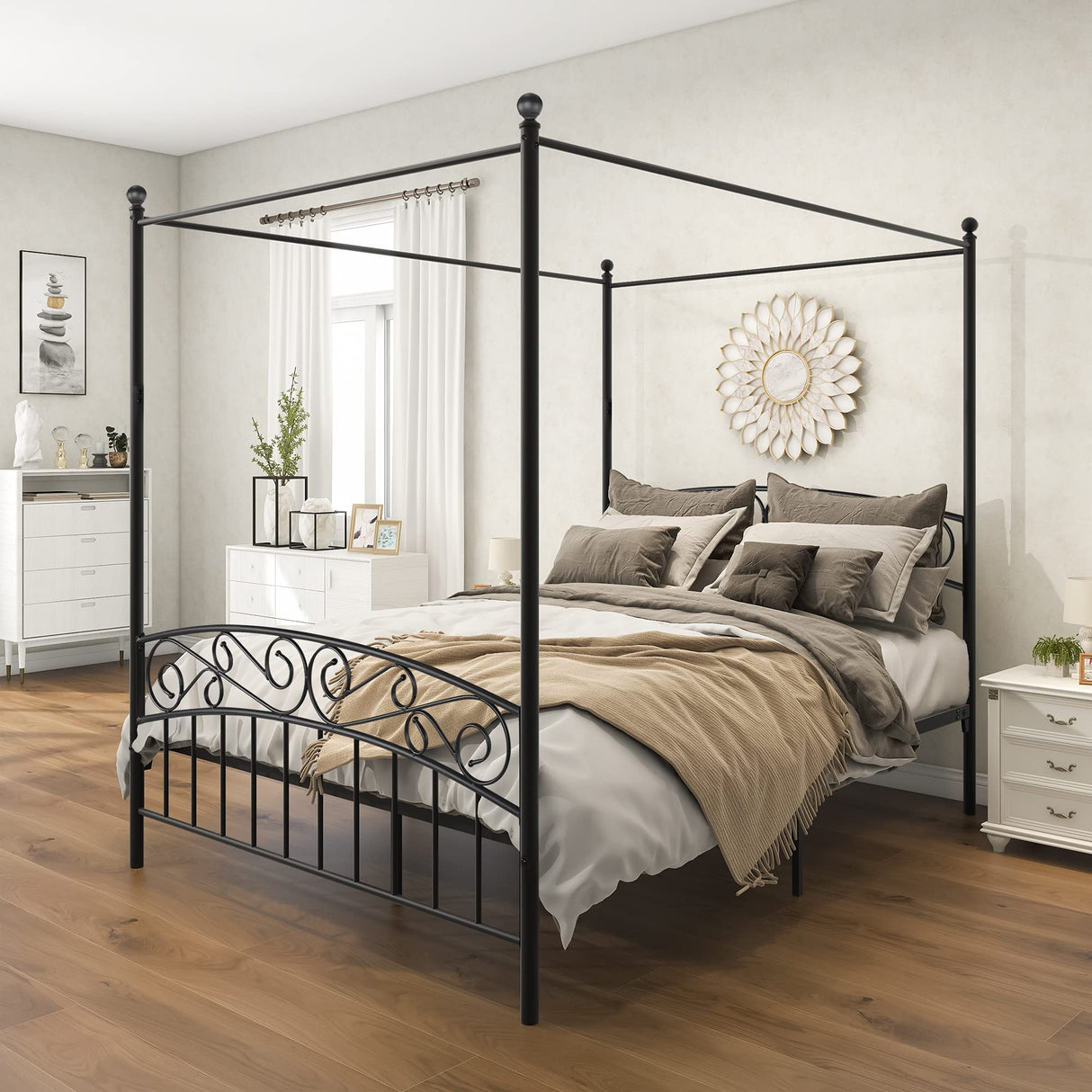PacknWood Acosure Queen Size Metal Canopy Bed Frame with Headboard and Footboard,Bedroom Platform Bed w/Slat Support & No Box Spring Required,for Adult Kid Boy Girl Teen,Black Acosure