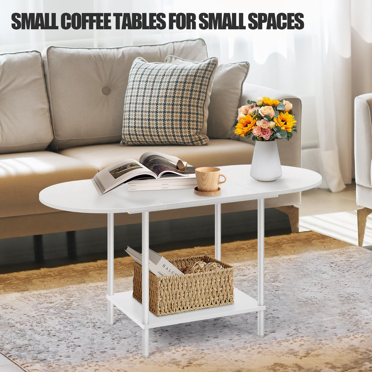 White Coffee Tables for Living Room,Mid Century Oval Center Table with Storage Shelf and Wood Tabletop,2-Tier Modern Narrow Cocktail Tea Table for Small Space,Small Apartment KANEODOT
