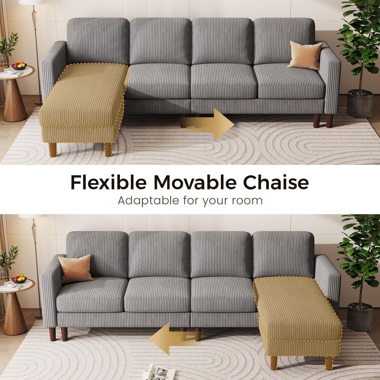 KKL L Shaped Sectional Couches for Living Room, Corduroy Sofa Couch with Convertible Chaise, 4 Seat Comfy Couch for Apartment, House, Dark Grey (Grey, 100 inches) KKL