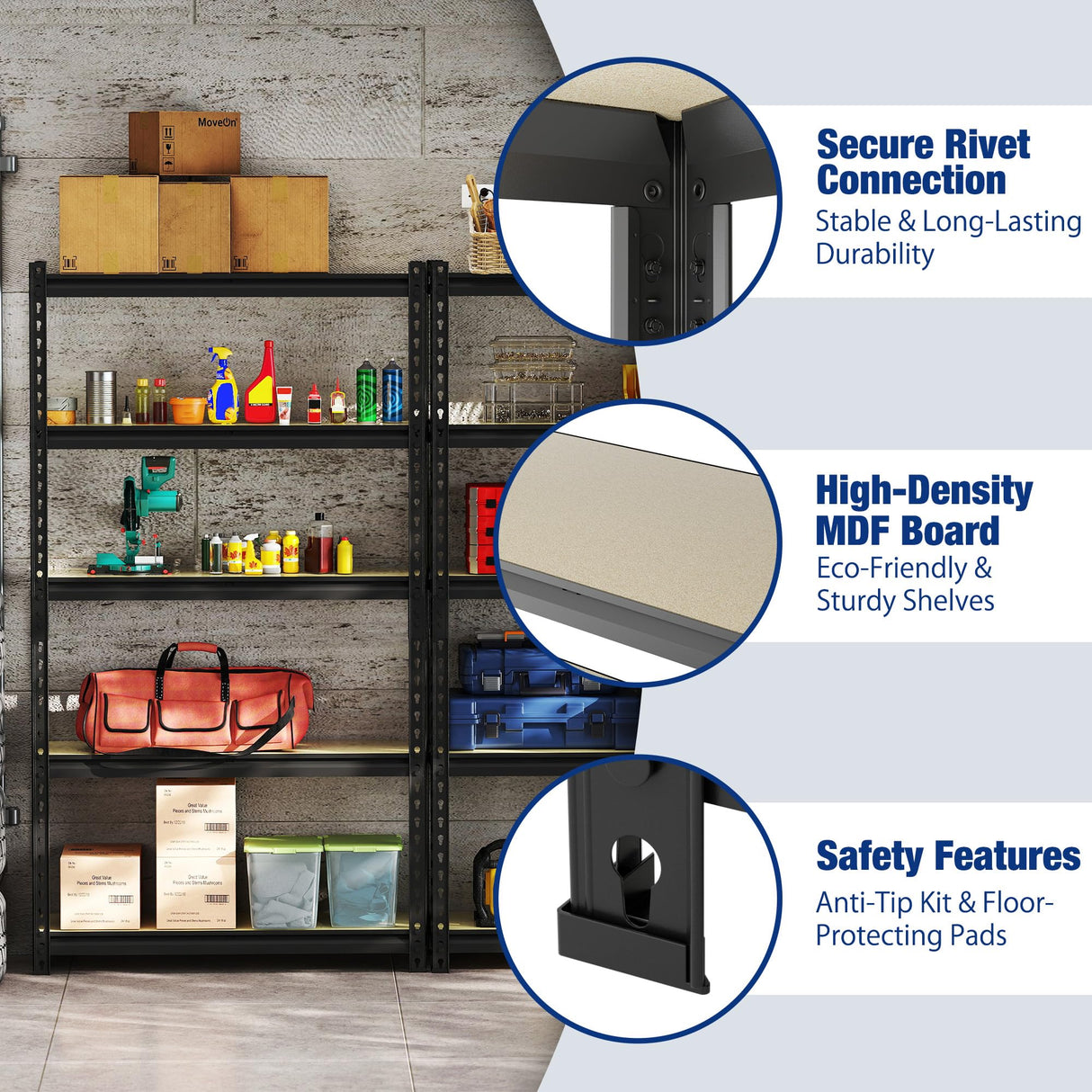 WORKPRO 5-Tier Storage Shelf, 72" H Heavy Duty Adjustable Garage Shelving Unit 2180LBS Capacity, for Basement, Kitchen, Pantry, 35.4”Wx11.8”Dx72”H, Black WORKPRO