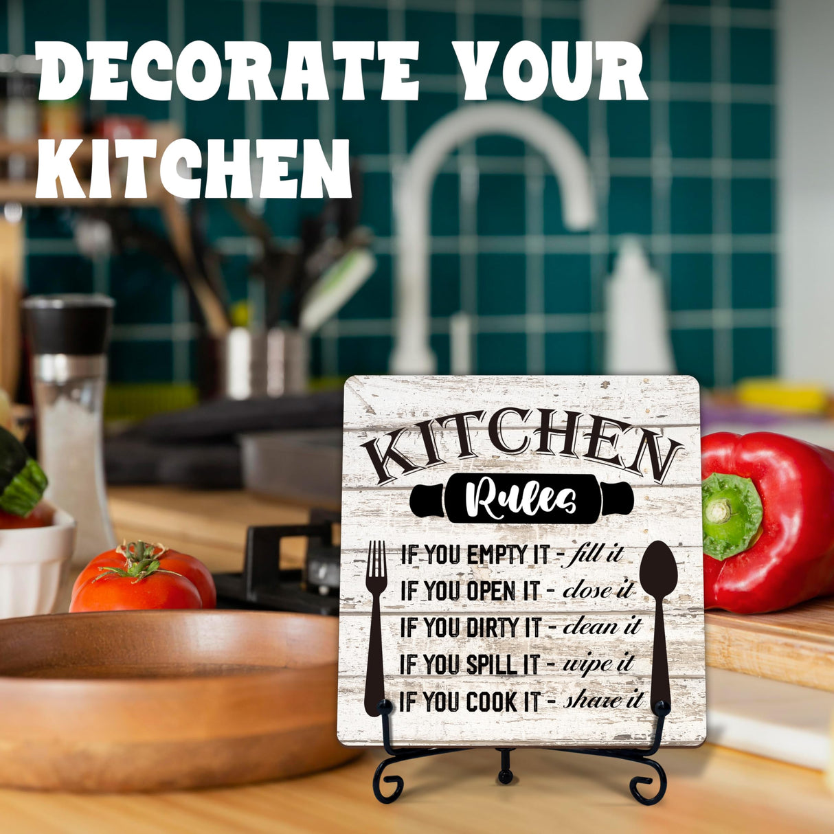 Rustic Wood Plaque with Stand - Kitchen Decor - Kitchen Rules Wood Sign - Idea Wooden Decor for Home Living Room Dining Room Shelf Table Decoration (31) DETIHO