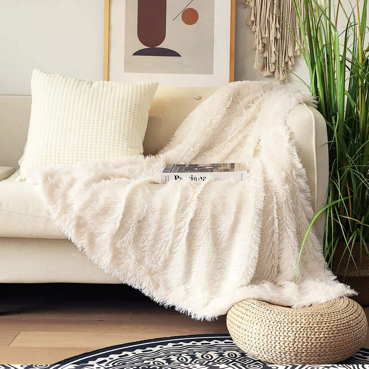 Tuddrom Decorative Extra Soft Fuzzy Faux Fur Throw Blanket 50" x 60",Solid Reversible Long Hair Shaggy Blanket,Fluffy Cozy Plush Comfy Microfiber Fleece Blankets for Couch Sofa Bedroom,Cream White Tuddrom