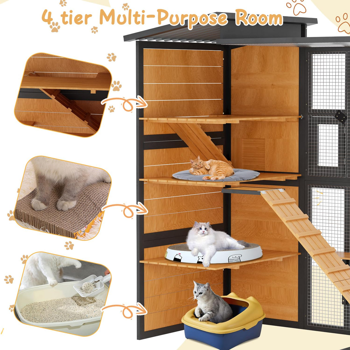 JFHID 4-Tier Cat Catio Enclosure with Weatherproof Roof, 3 Resting Rooms & Climbing Ramp, Large Outdoor Indoor Cat House Cage for Small Animals, Brown and Black JFHID