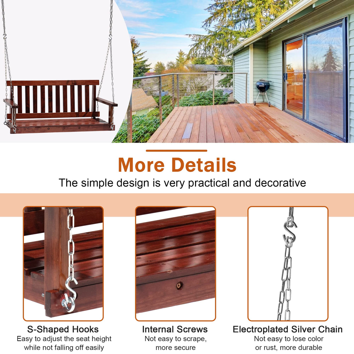 Heavy Duty Outdoor Wooden Porch Swings 4Ft/48in Bench Swing 800lb Weight Capacity, Durable Two Person Hanging Seating with Hanging Chains and Fixing Screw for Garden Backyard Lawn Balcony Deck,Brown CL.HPAHKL