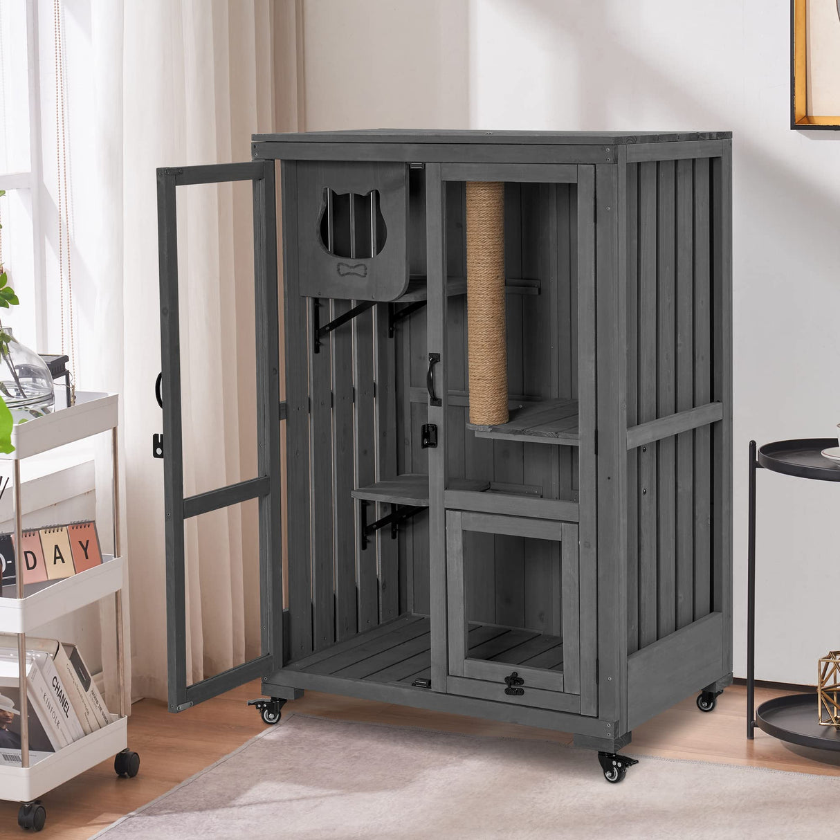 MCombo Luxury Cat House with Scratching Post, Wooden Large Cat Villa with Wheels, Multi-Feature Cat Condo with Escape Door, Cat Cages Enclosures with Shelter Indoor/Outdoor 6012-CT83 (Grey) mcombo