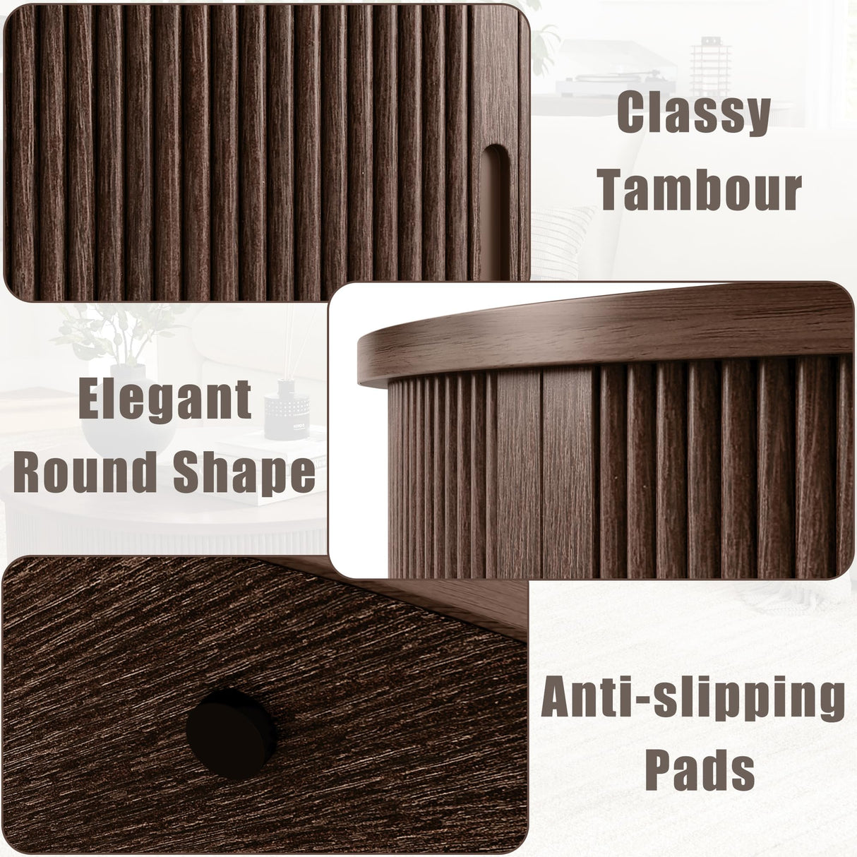 LINSY HOME Oval Coffee Table, Wood Coffee Table with Storage, Fluted Accent Center Table with Sliding Tambour Door, 39" Mid Century Modern Coffee Tables for Living Room, Bedroom, Apartment, Walnut LINSY HOME