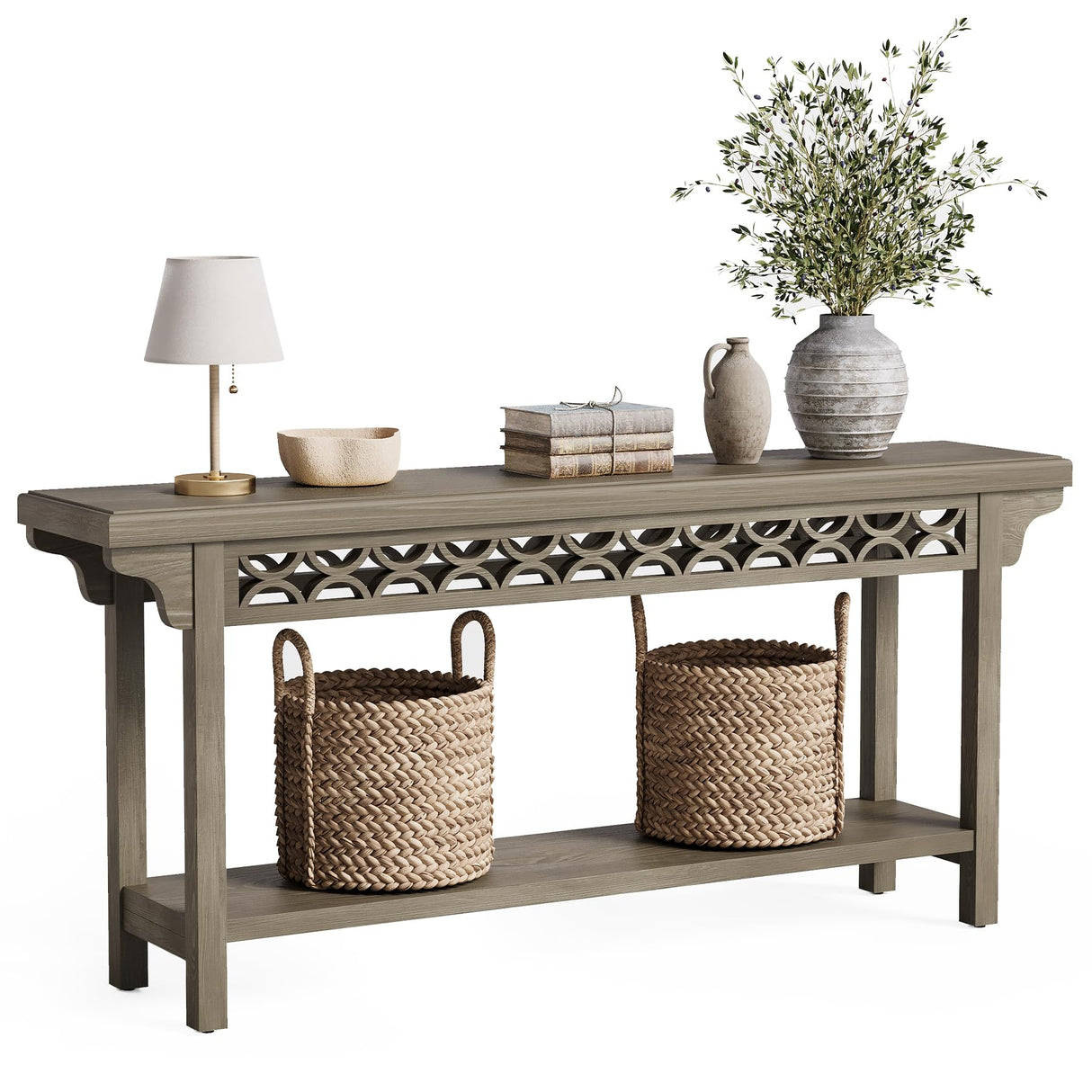 LITTLE TREE 70.87-Inch Long Console, Solid Wood Farmhouse Narrow Entryway Table with Shelf, Rustic Sofa Table for Living Room, Hallway, Grey LITTLE TREE