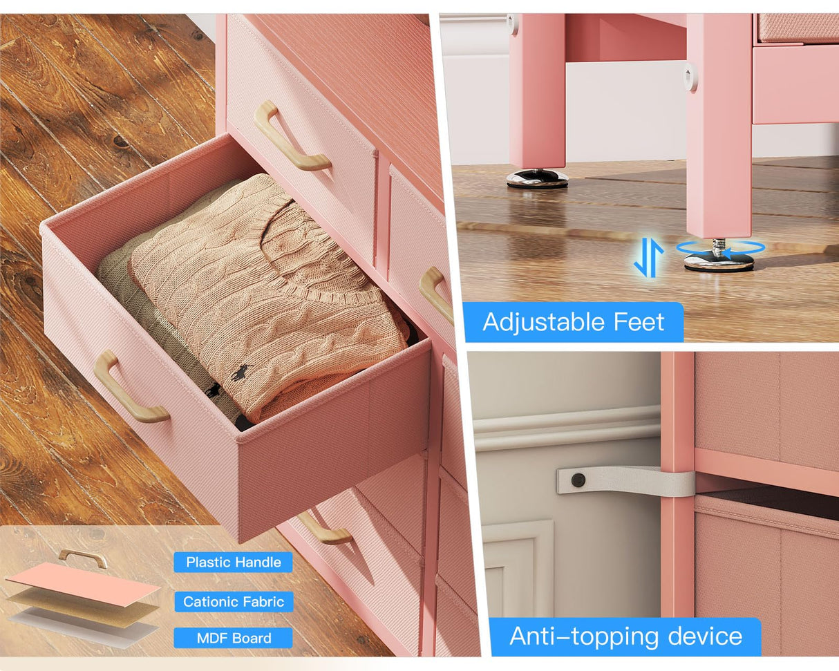 Casaottima Dresser for Bedroom with Charging Station, 55" Long Dresser with 13 Storage Drawers, Large Fabric Dressers Chests of Drawers with Shelves, Pink Casaottima
