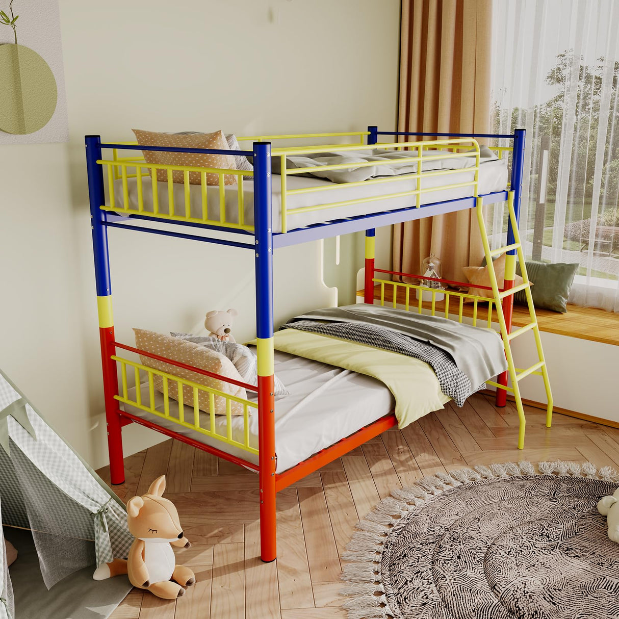 KAIFAM Bunk Bed Twin Over Twin, Metal Twin Bed Frames, Twin Over Full Bunk Bed with Safety Guardrail and Ladder, Trundle Bed Twin, No Box Spring Needed, Noise Free for Bedroom (Color) KAIFAM