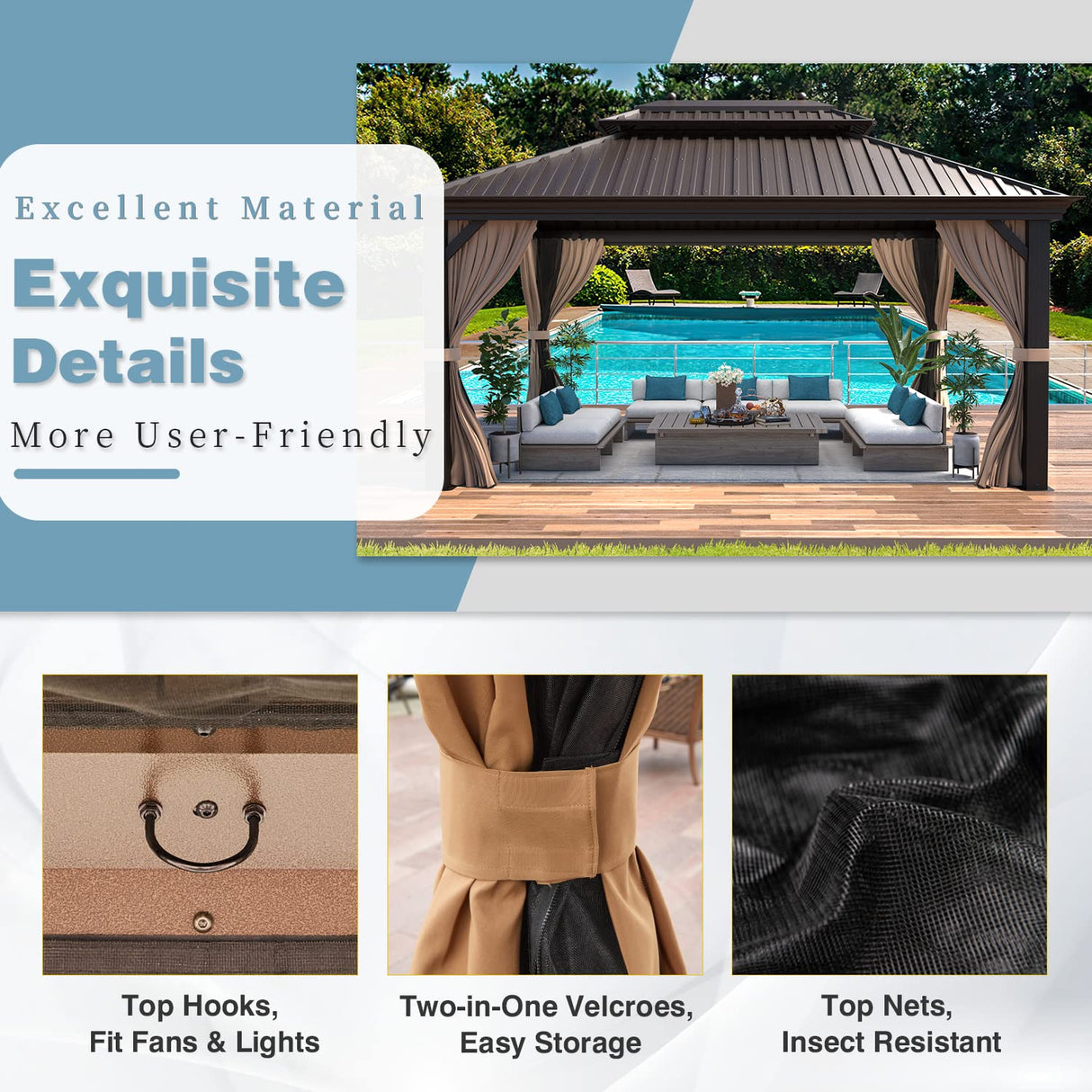 MELLCOM 12' x 16' Hardtop Gazebo, Galvanized Steel Metal Double Roof Aluminum Gazebo with Curtains and Netting, Brown Permanent Pavilion Gazebo with Frame for Patios, Gardens, Lawns MELLCOM