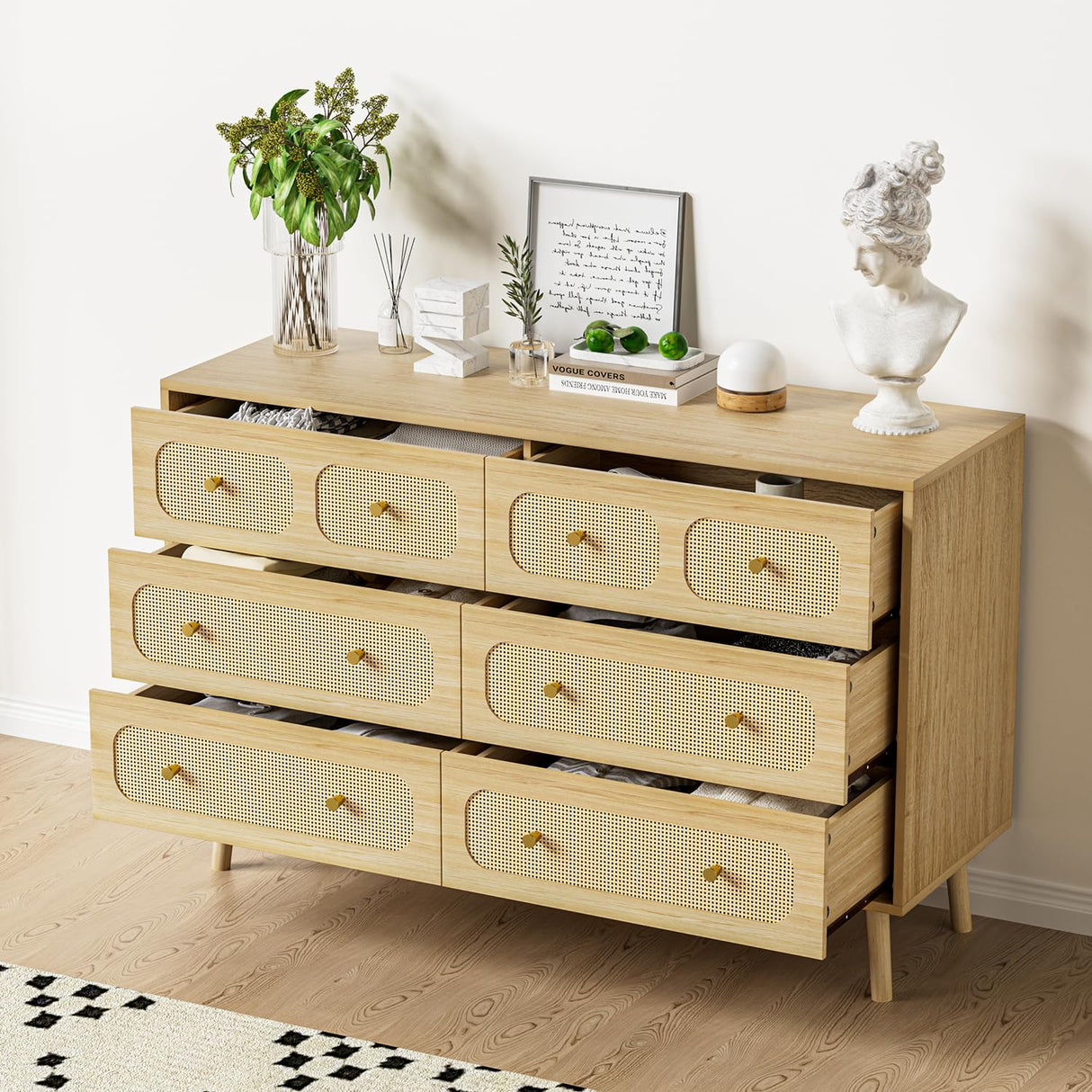 Wananlanen Rattan 6 Drawer Dresser for Bedroom, Wood Boho Double Chest of Drawers with Storage and Gold Handle, Modern Natural Rattan Dresser for Living Room, Kids Bedroom, Hallway, Entryway Wananlanen