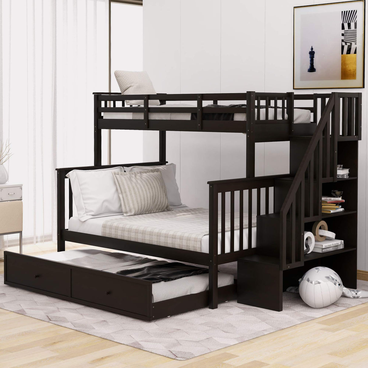 Merax Twin-Over-Full Stairway Bunk Bed with Trundle, Storage Staircase and Full Length Guardrail, Solid Wood Storage Bunk Bed with Trundle, No Spring Box Needed (Espresso) Merax