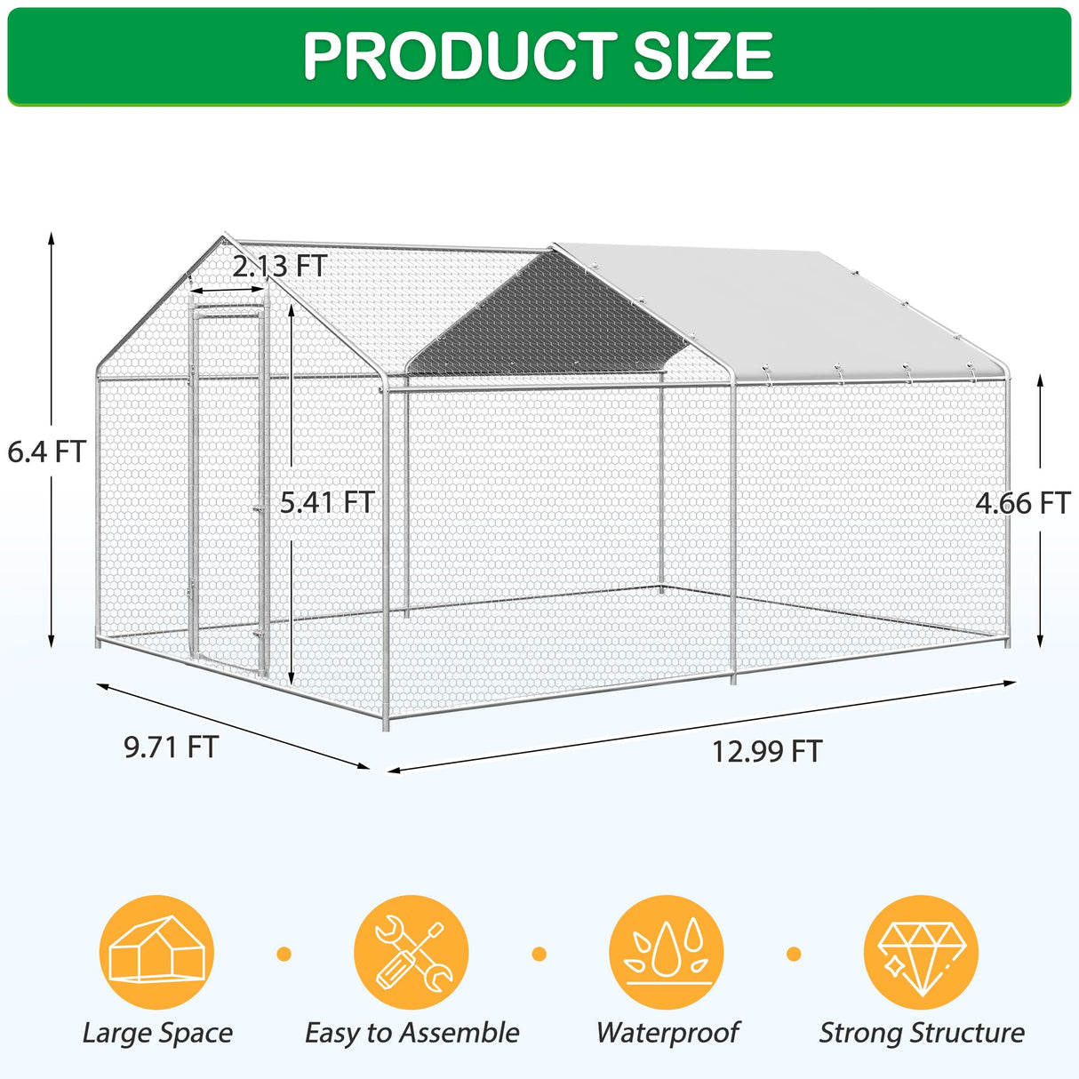 Raysfung Large Metal Chicken Coop, Walk-in Chicken Run Pen with Waterproof Cover, Spire Roof Poultry Cage for Outdoor, Backyard, Farm(9.7'Wx12.99'Lx6.4'H) Raysfung