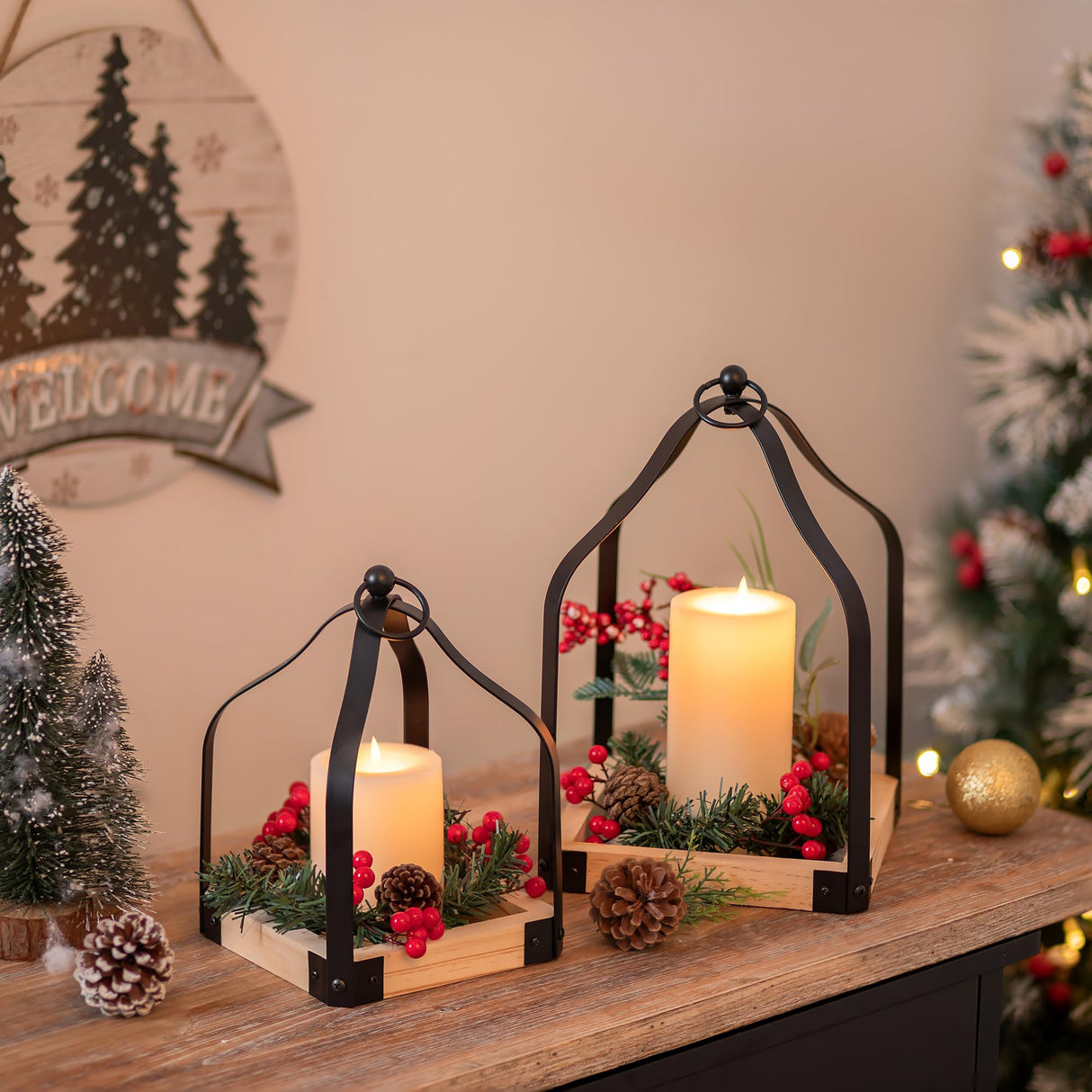 Romadedi Farmhouse Candle Lantern Decorative: Set of 2 Rustic Wood Candle Holder for Home Decor Living Dining Room Kitchen Fireplace Mantle Decorations Christmas Table Centerpiece Romadedi