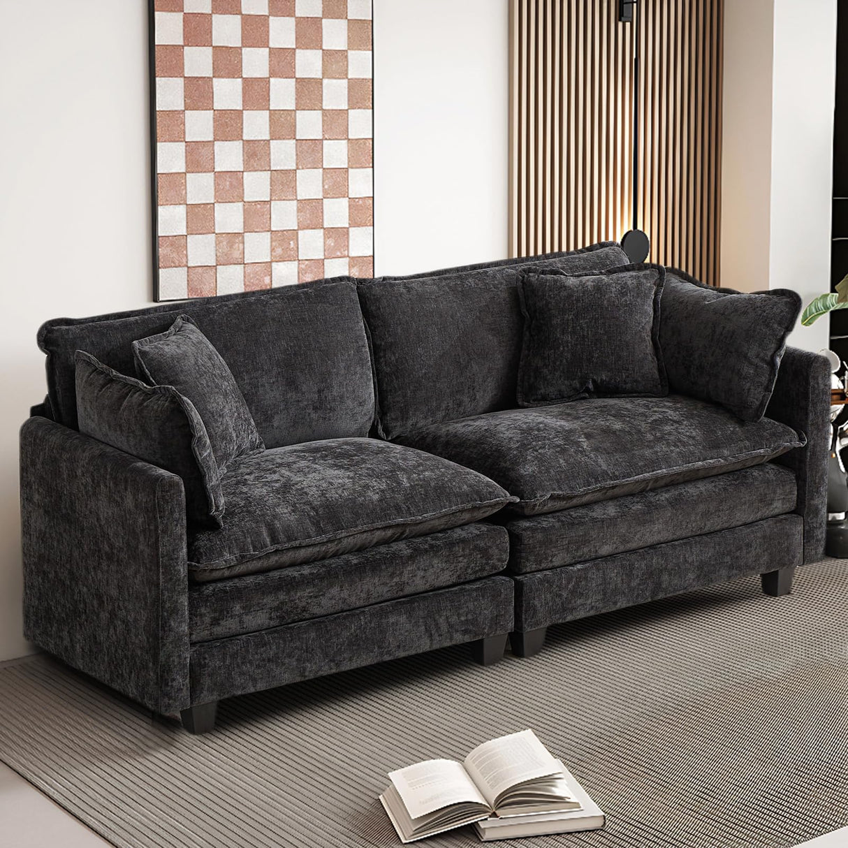 SoarFlash 71.6" Chenille Sectional Sofa, Comfy Modular Loveseat Sofa, Modern 2-Seat Couch Deep Seat Sofa Set for Living Room,Black SoarFlash