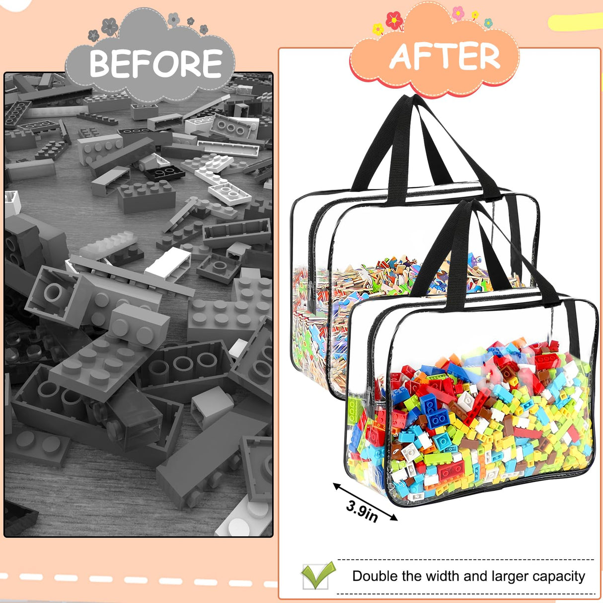 6 Packs Large Toy Storage Bags with Labels, Reusable Clear PVC Board Game Storage, Travel Waterproof Organizer Bags with Zipper for Building Blocks, Puzzle, Kids Books OPELETNNT