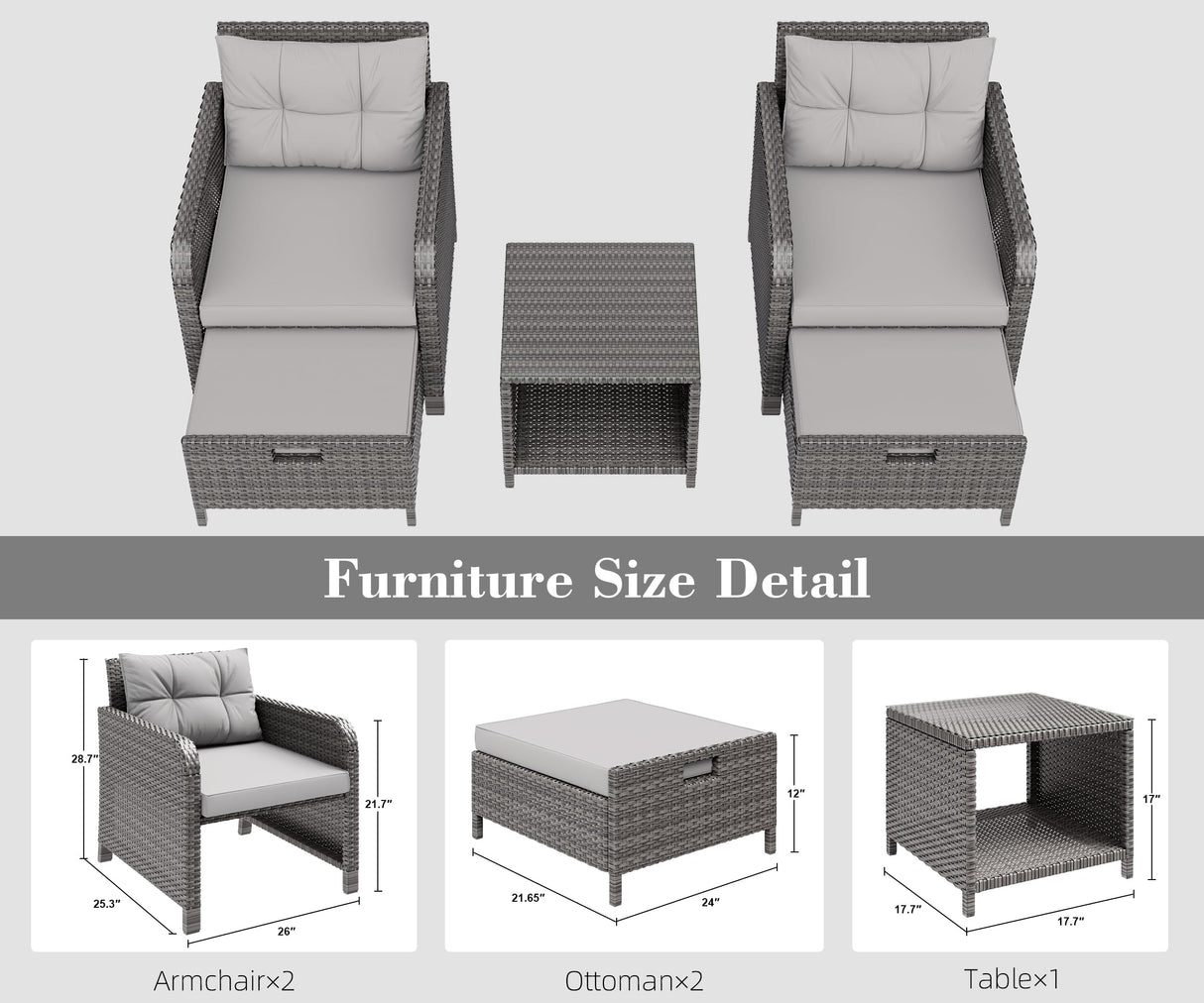 LHBcraft Balcony Furniture 5 Piece Patio Conversation Set, PE Wicker Rattan Outdoor Lounge Chairs with Soft Cushions 2 Ottoman&Glass Table for Porch, Lawn-Grey Wicker (Grey-Grey) LHBcraft