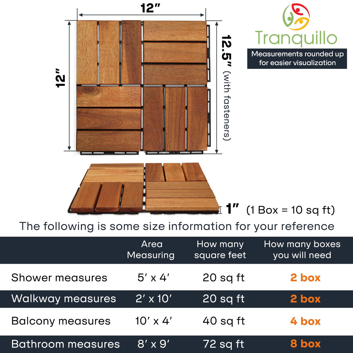 Tranquillo 10 Pcs Interlocking Deck Tiles 12”x12”, Acacia Wood Patio Tiles, Weather-Resistant Outdoor Flooring for Patio, Balcony, Poolside – Non-Slip, Natural Finish, Covers 10 Sq.Ft. Tranquillo