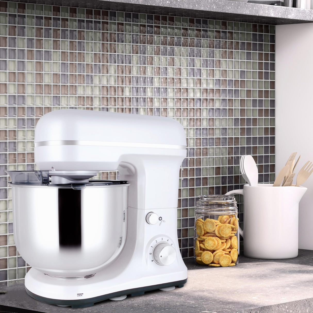 MURENKING Stand Mixer 5-QT, 6+P Speed Tilt-Head Food Mixer 300W Dough Mixer with Stainless Steel Bowl,Dough Hook,Flat Beater&Whisk Electric Kitchen Mixer for Household Baking, Anti-Slip(Pearl White) murenking