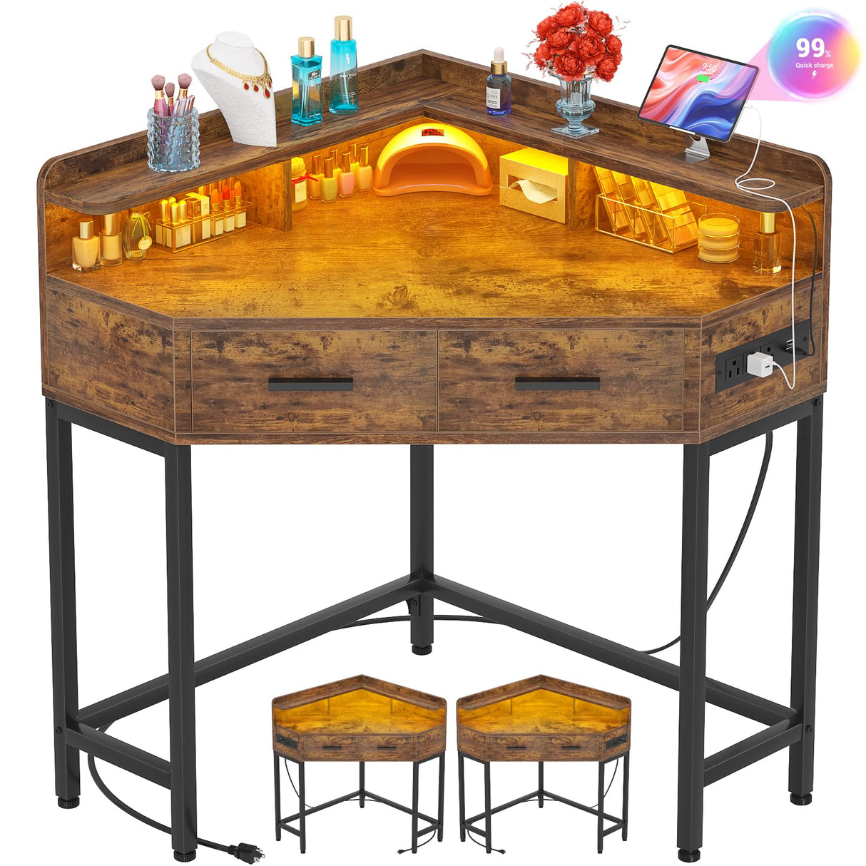 Cyclysio Corner Vanity Desk Without Mirror, Makeup Vanity Table with Lights & Power Outlets, Small Corner Vanity with Drawers for Bedroom,Small Spaces, Brown Cyclysio