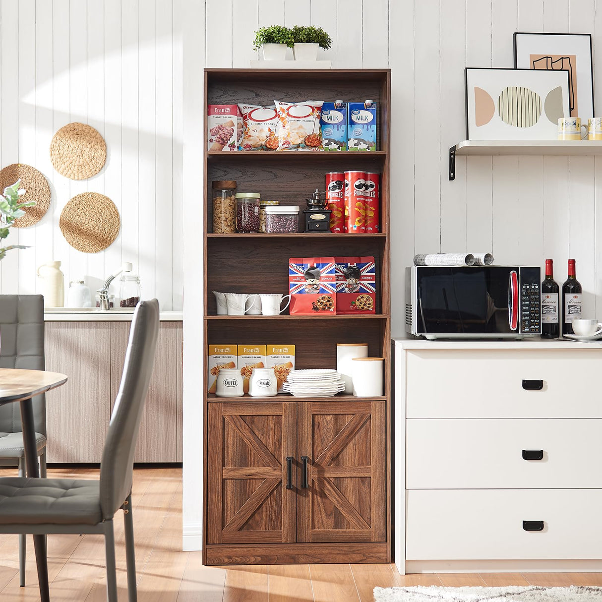 RWYHG 70in Tall Bookshelf 6 Tier Bookcase with Barn Doors and Adjustable Shelf, Brown Farmhouse Book Shelves with Storage Cabinet,Wood Floor Standing Display Bookshelve for Bedroom,Living Room,Kitchen RWYHG