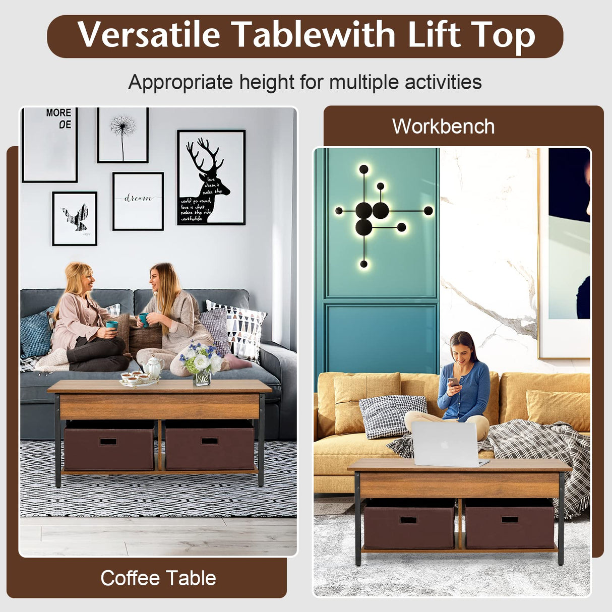 Tangkula Lift Top Coffee Table with Drawers, Multifunctional Pop-up Central Table with Lifting Tabletop, Concealed Compartment & 2 Folding Fabric Drawers, Home Living Room Furniture (Brown) Tangkula