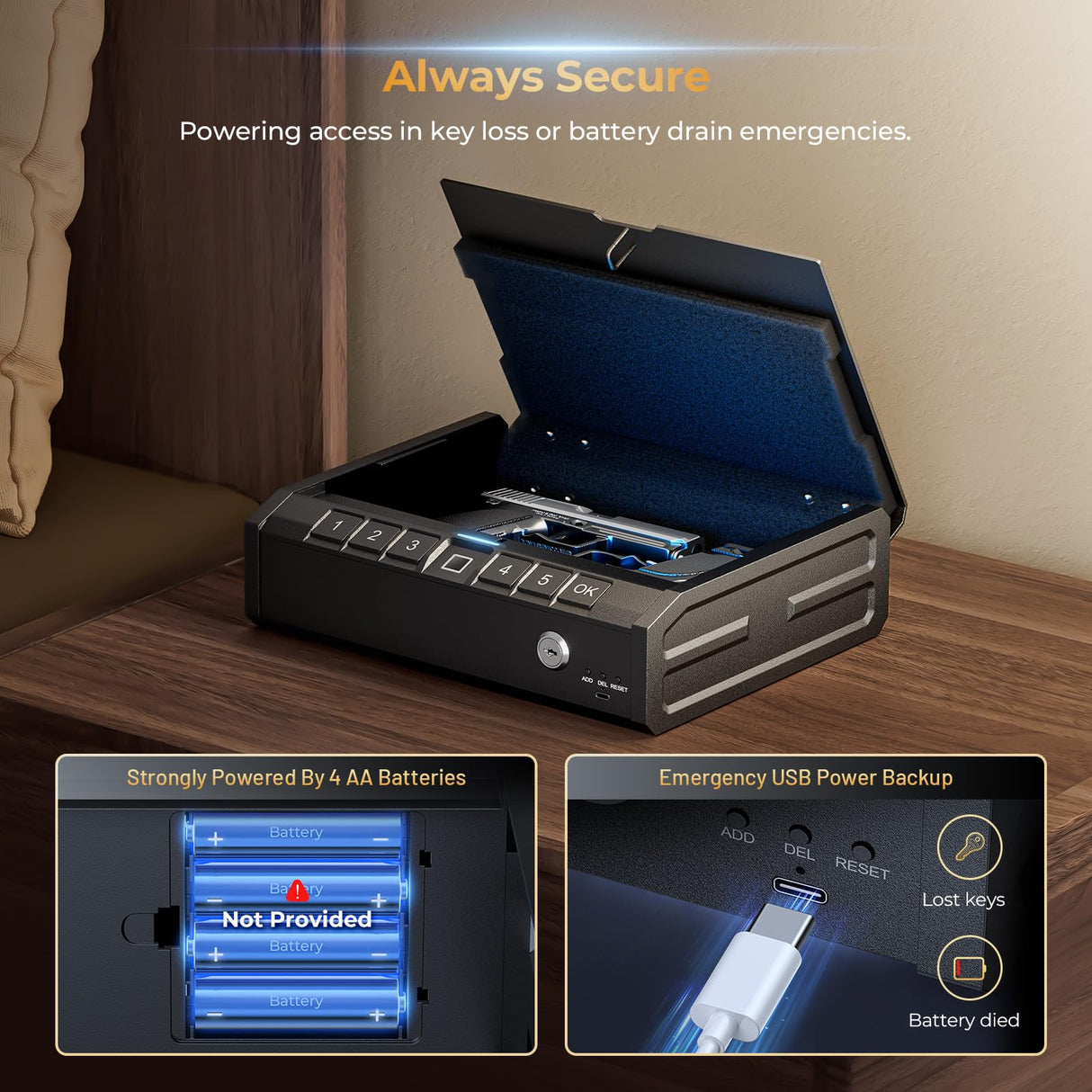 ONNAIS Iron PRO Biometric Gun Safe for Handgun: Swift Entry Gun Lock Box Featuring with Interior Light and Emergency Power Supply: Pistol Safe for Home, Bedside, Nightstand, and Car ONNAIS
