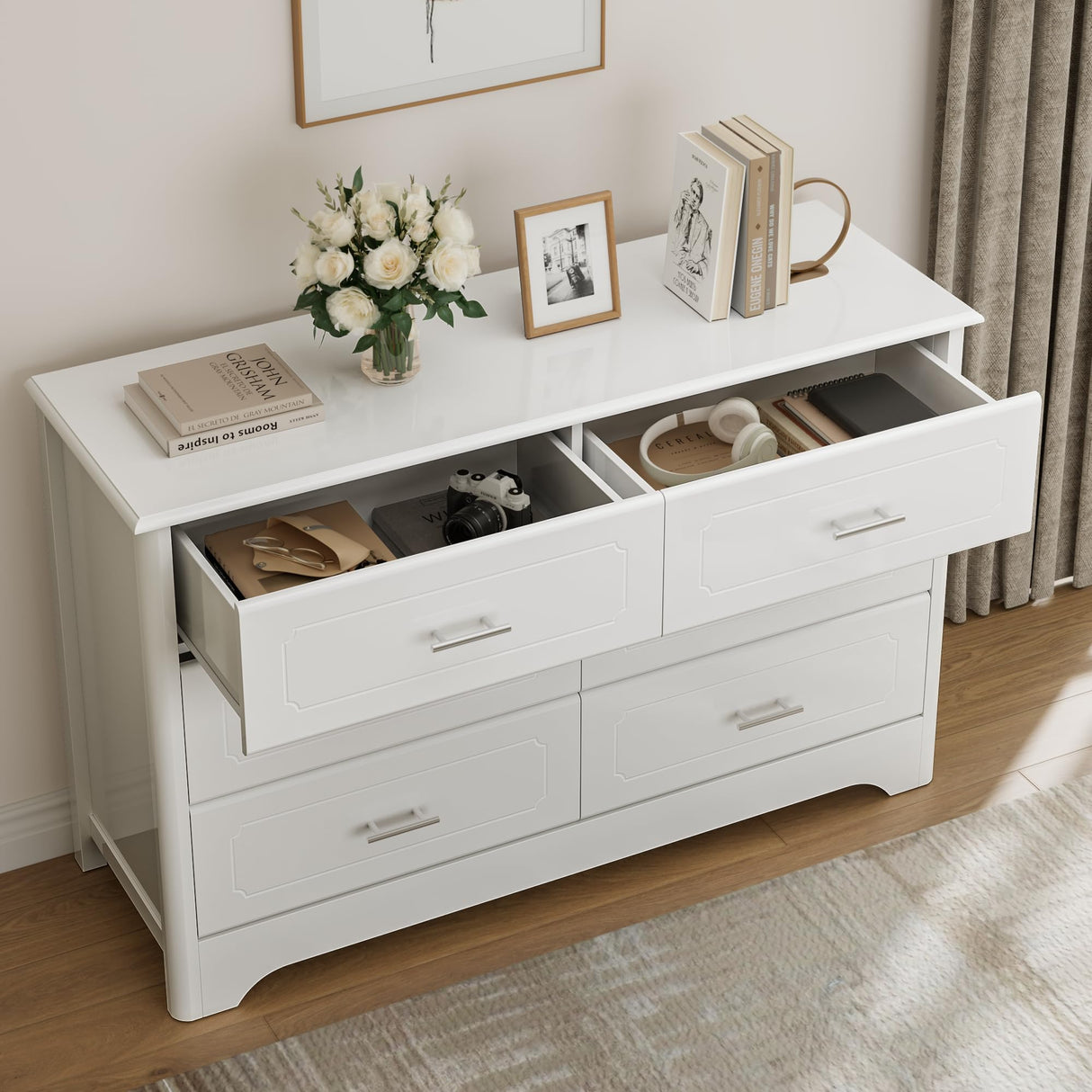 HOSATCK 6 Drawer Dresser, Modern White Wide Chest of Drawers with Metal Handels, Wood Double Dresser, Storage Chest Organizers for Living Room, HOSTACK