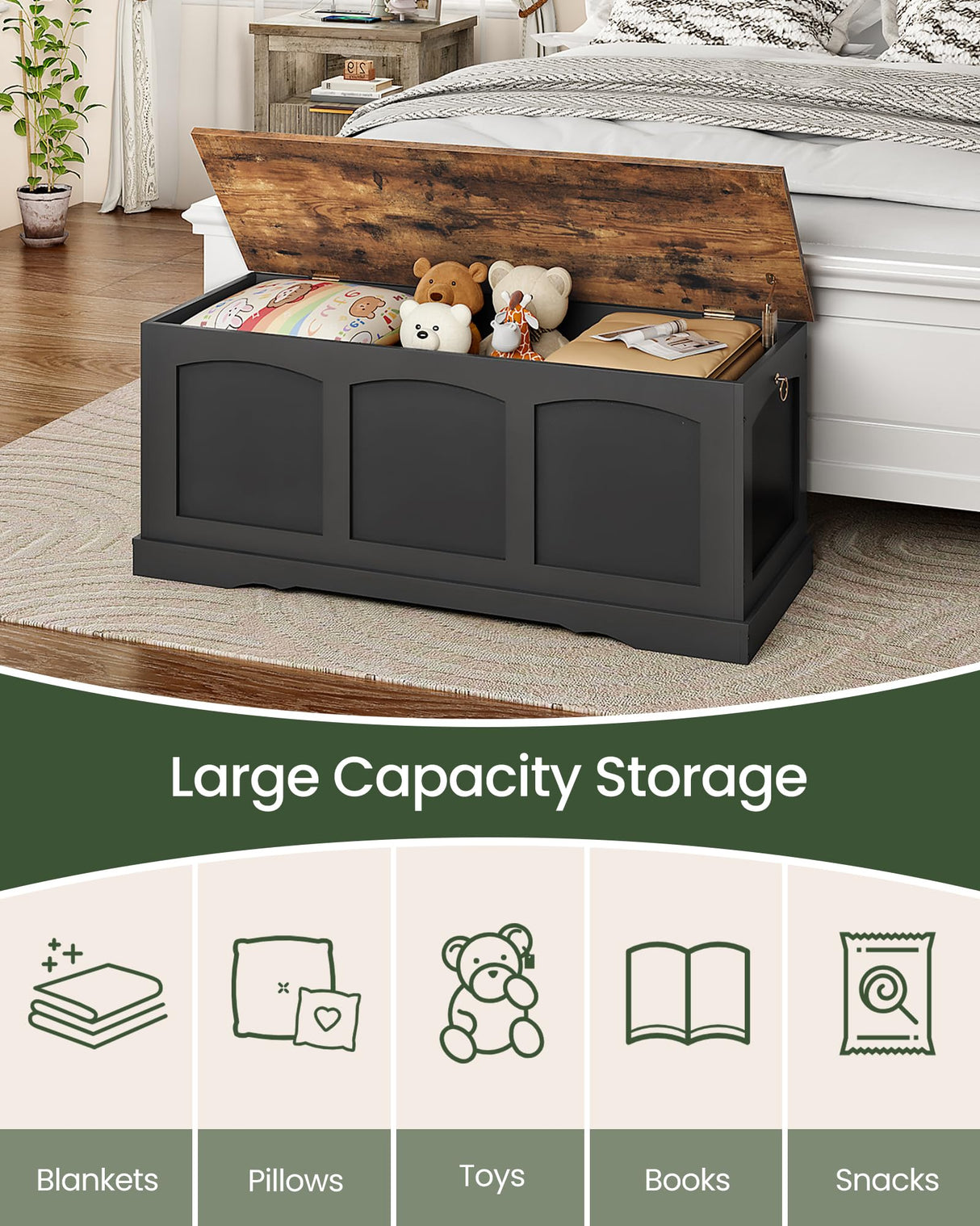 CHOEZON 39.4" Storage Chest Bench with Lift Lid, Toy Chest with Safety Hinge, Entryway Shoe Bench, Wooden Storage Trunk, Holds up to 220 lb, for Living Room, Bedroom, Black and Rustic Brown MCW12BF