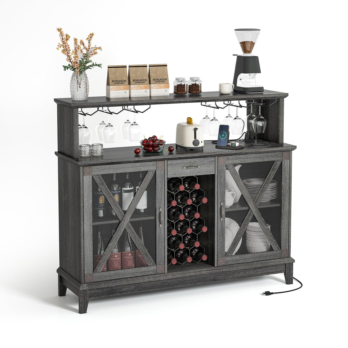 Wine Cabinet, Coffee Bar Cabinet with Storage, 54" Liquor Cabinet Bar for Home, Wine Bar Cabinet with Glass Rack, Drawer and LED Lights, Farmhouse Buffet Sideboard for Dining Room, Kitchen, Grey JOINICE