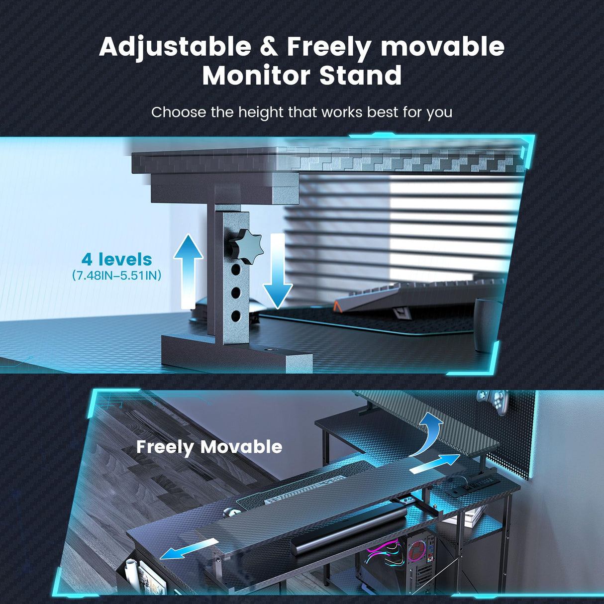 DOMICON Gaming Desk, 47 inch L Shaped Gaming Desk, Computer Desk with LED Lights & Adjustable Stand, Power Outlets, Storage Drawer, Reversible Gaming Desk with Shelves, Hook, Black Carbon Fiber DOMICON