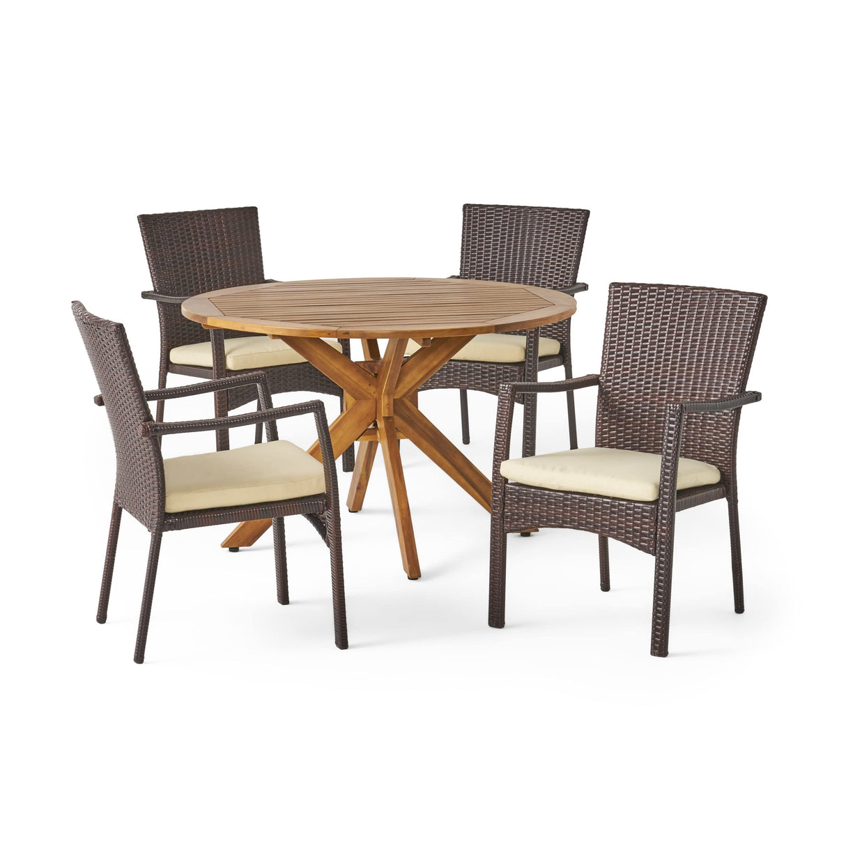 Christopher Knight Home Stamford Outdoor Wicker Dining Set with Acacia Wood Circular Table and Water Resistant Cushions, 5-Pcs Set, Teak Finish / Brown / Crème Cushion Christopher Knight Home