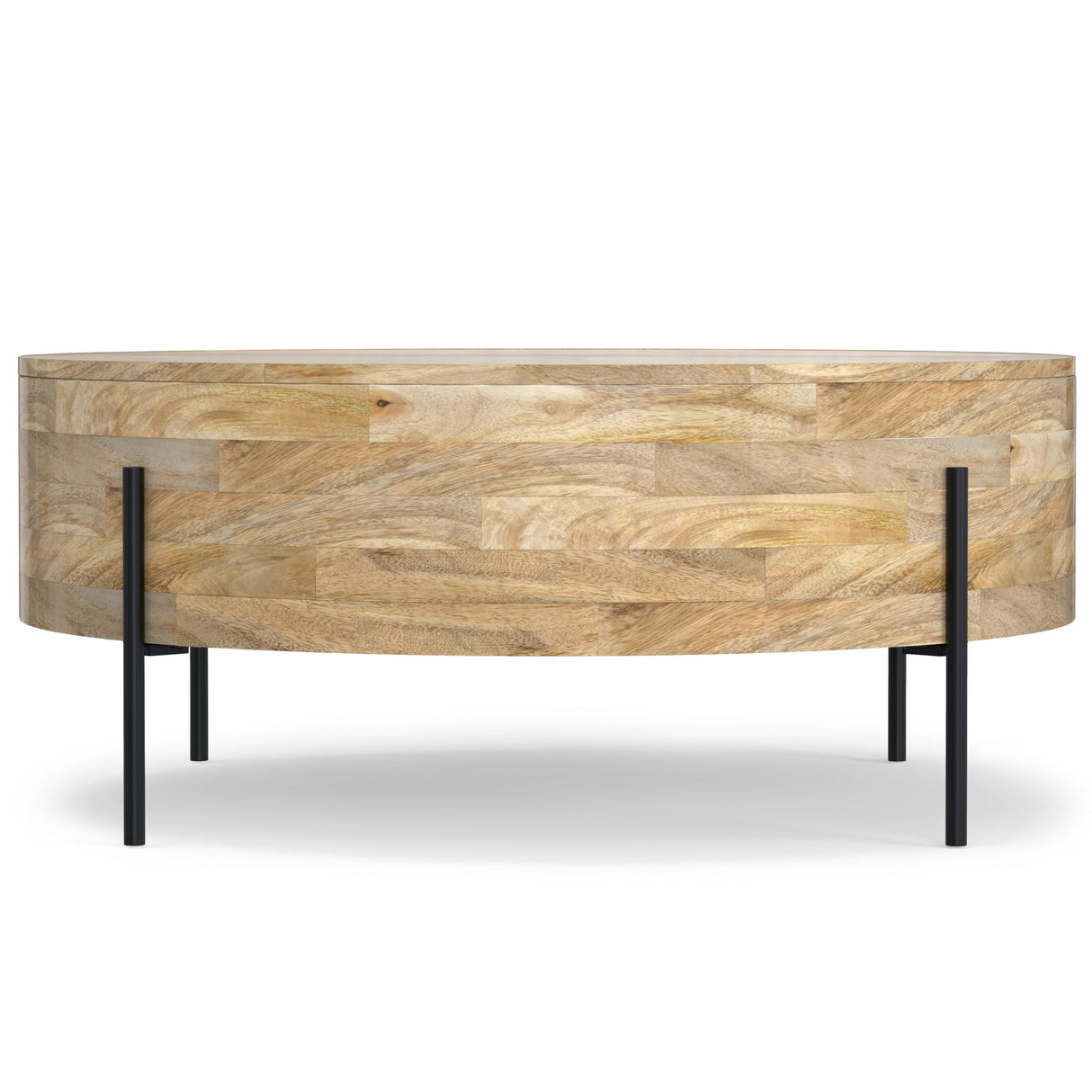 SIMPLIHOME Rayburn Drum Coffee Table - 38 inch Wide Solid Mango Wood Round Living Room Table in Natural, Modern Industrial Center Table for Family Room with Black Metal Legs and Large Surface SIMPLIHOME