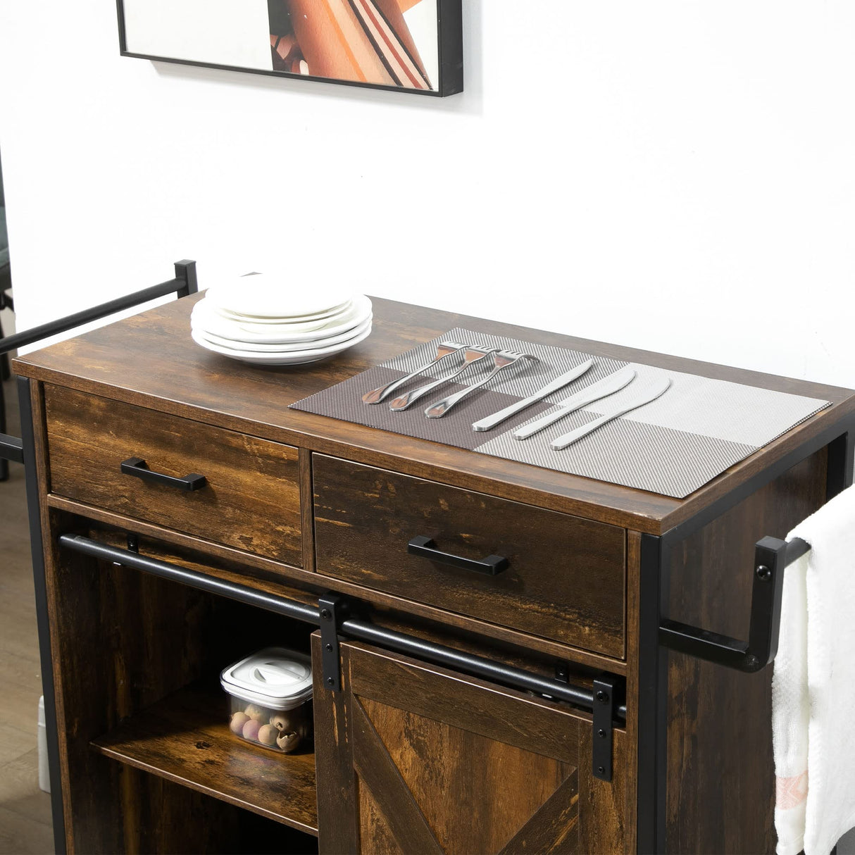 HOMCOM Industrial Kitchen Cart, Rolling Kitchen Island with Adjustable Shelf, Two Drawers, Sliding Barn Door Cabinet and Towel Rack, Rustic Brown HOMCOM