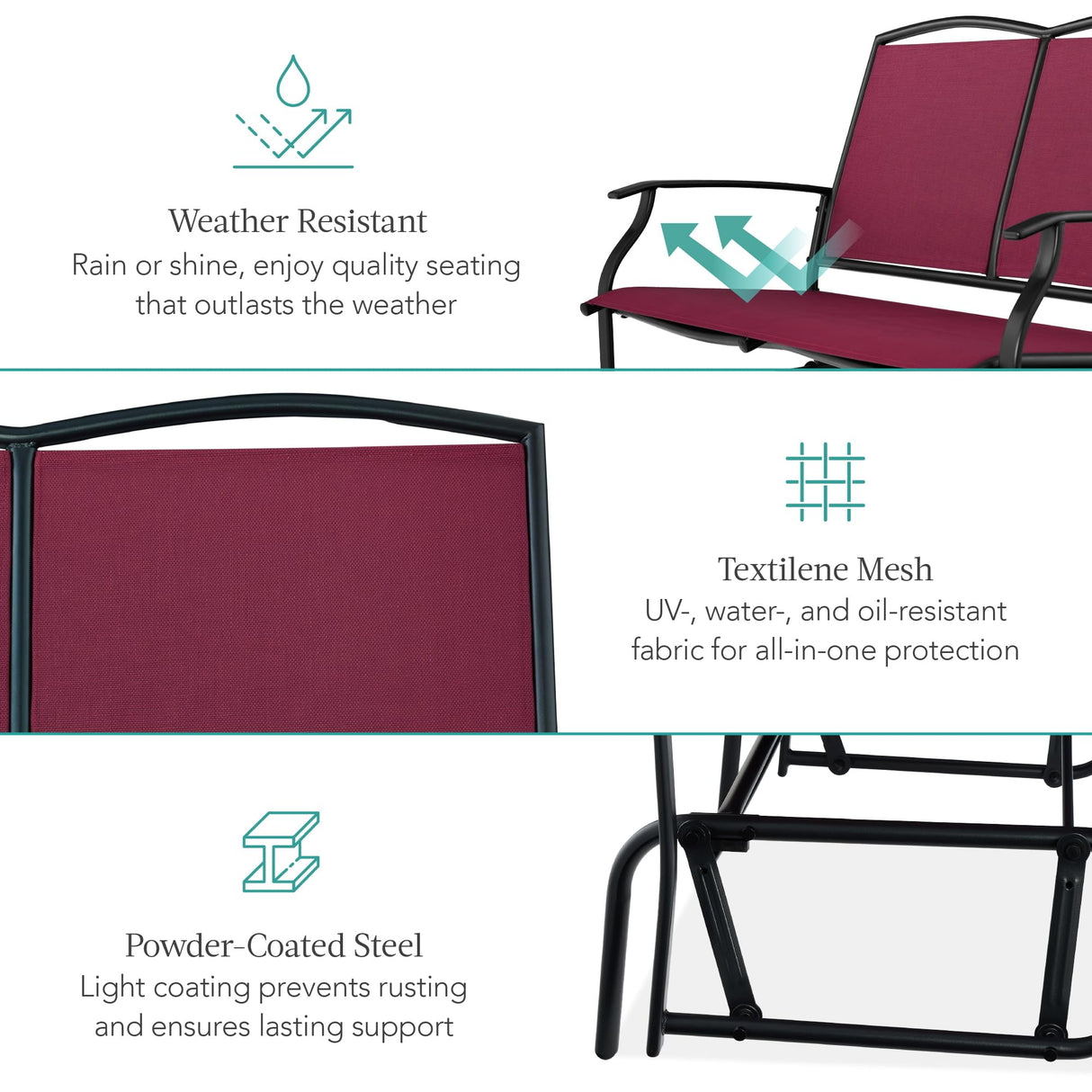 Best Choice Products 2-Person Outdoor Patio Swing Glider Steel Bench Loveseat Rocker for Deck, Porch w/Textilene Fabric, Steel Frame - Burgundy/Black Best Choice Products