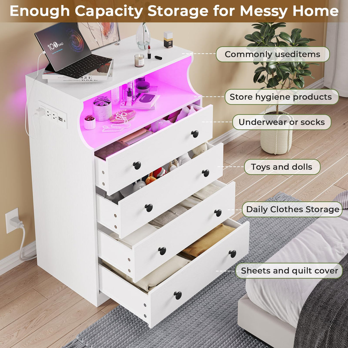 Hasuit White Dresser with Charging Station, LED Dresser with 4 Large Drawers, Chest of Drawers with Open Space, Large Capacity Tall Storage Cabinet, White Dresser for Bedroom Hasuit
