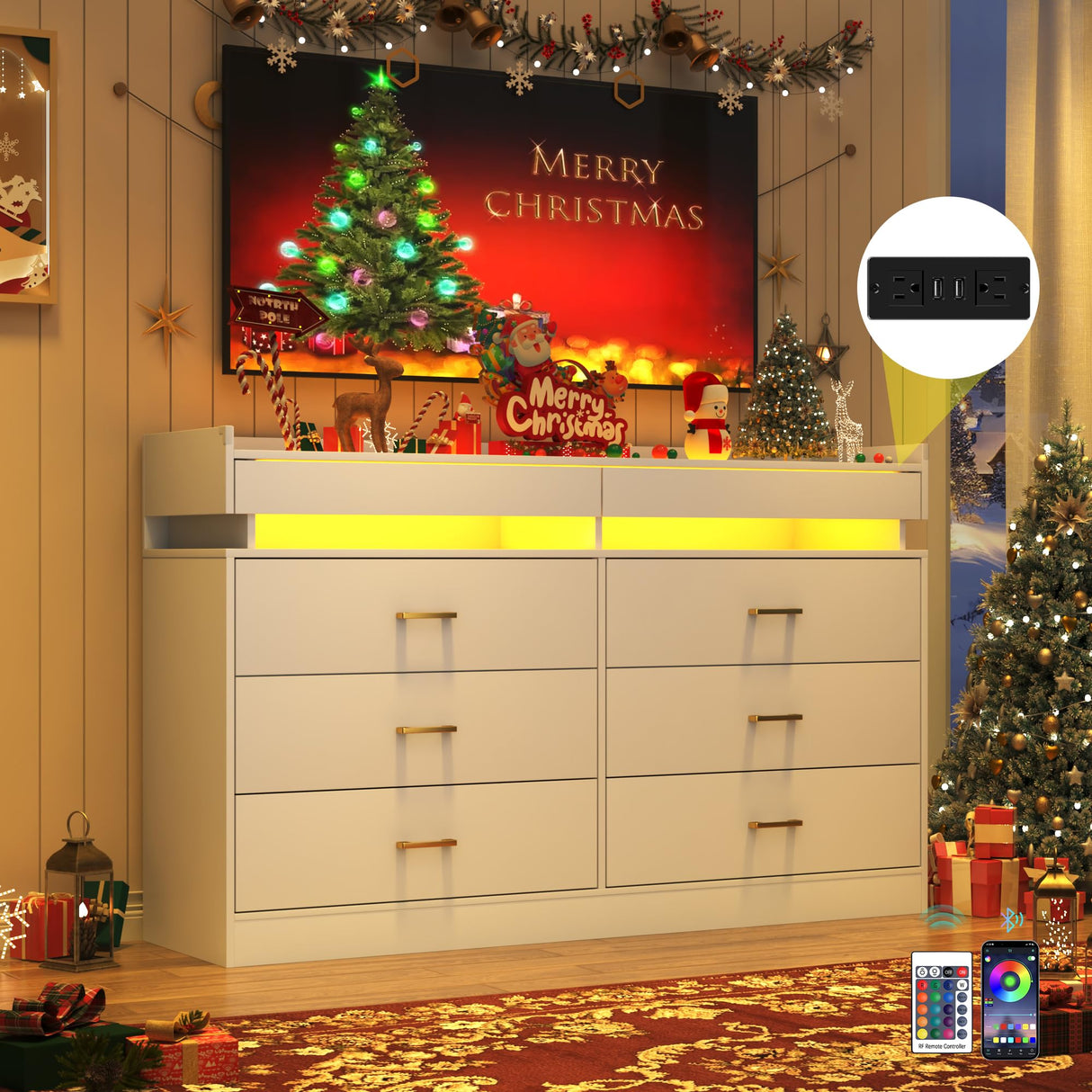 59''W Large Modern 8 Drawers Dresser for Bedroom with Glass Tabletop,Wide Wooden 6 Chest of Drawers for Closet&2 Jewelry Drawers,LED Light,Power Outlets,Tall Storage Dresser for Bedroom,White Hlivelood