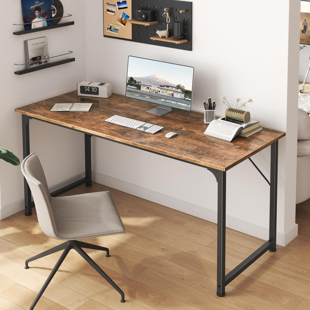 Huuger Computer Desk, 55 Inch Office Desk, Gaming Desk with Storage, Writing Desk Work Desk for Home Office, Study, Modern Simple Desk, Large Legroom, Metal Frame, Rustic Brown Huuger