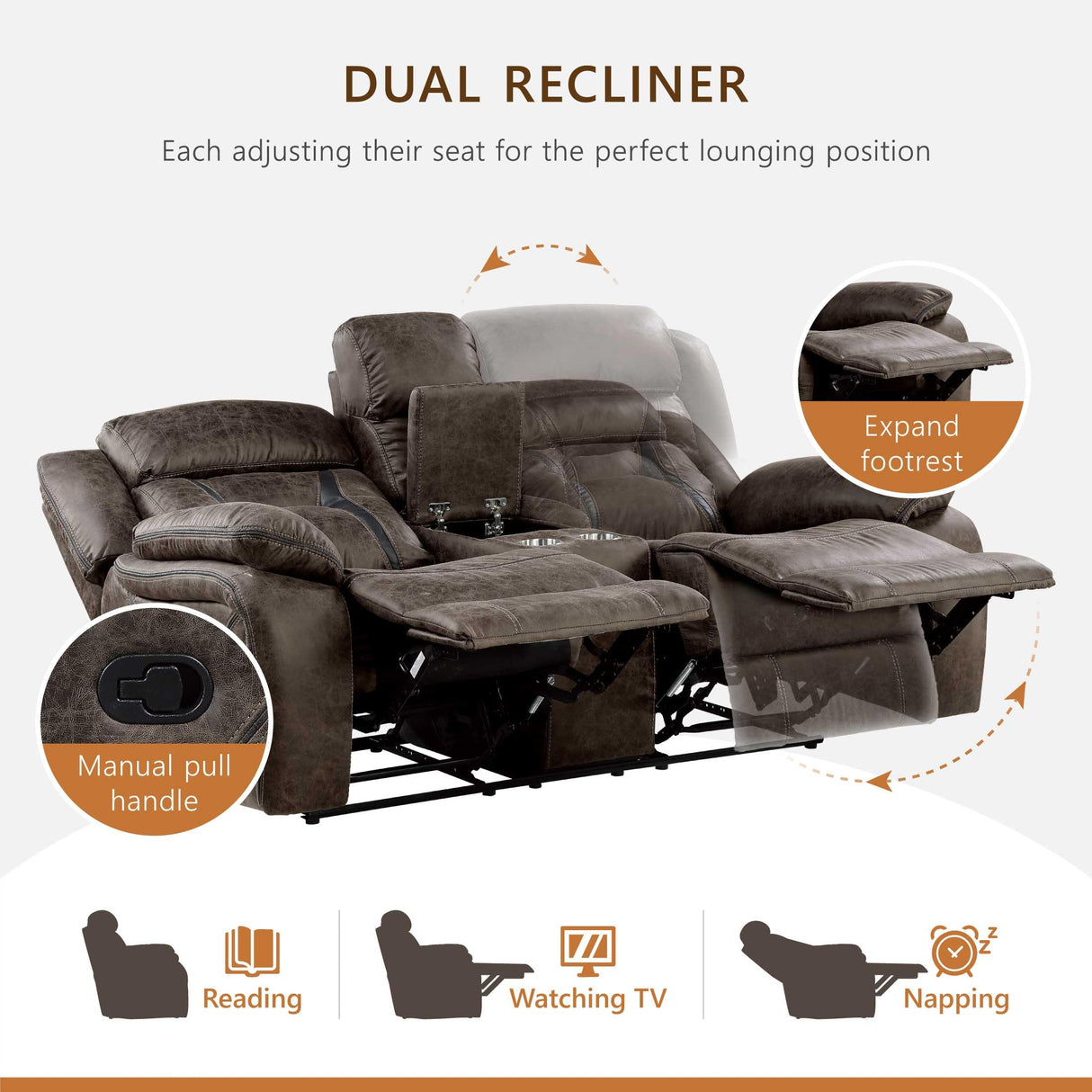 Homelegance Reclining Loveseat, Polished Microfiber Manual Double Recliner Loveseat with Center Console, Dark Brown Homelegance