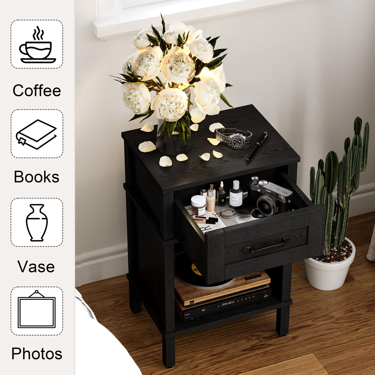 Farmhouse Nightstand with Drawer, Wood Bedside Table with Open Shelf, Modern Bedside Cabinet for Bedroom, Small End Table, Side Tables with Storage Shelf for Bedroom Black LET512B YAUKTAK