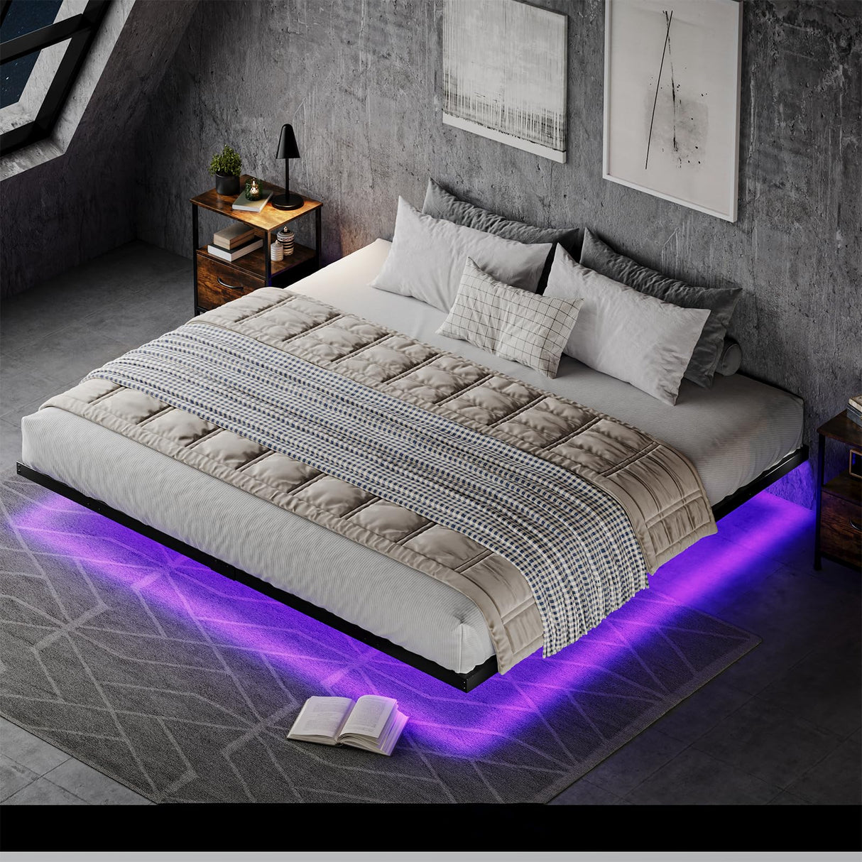 HOMBCK King Size Floating Bed Frame with LED Lights and Heavy Duty Steel Construction HOMBCK