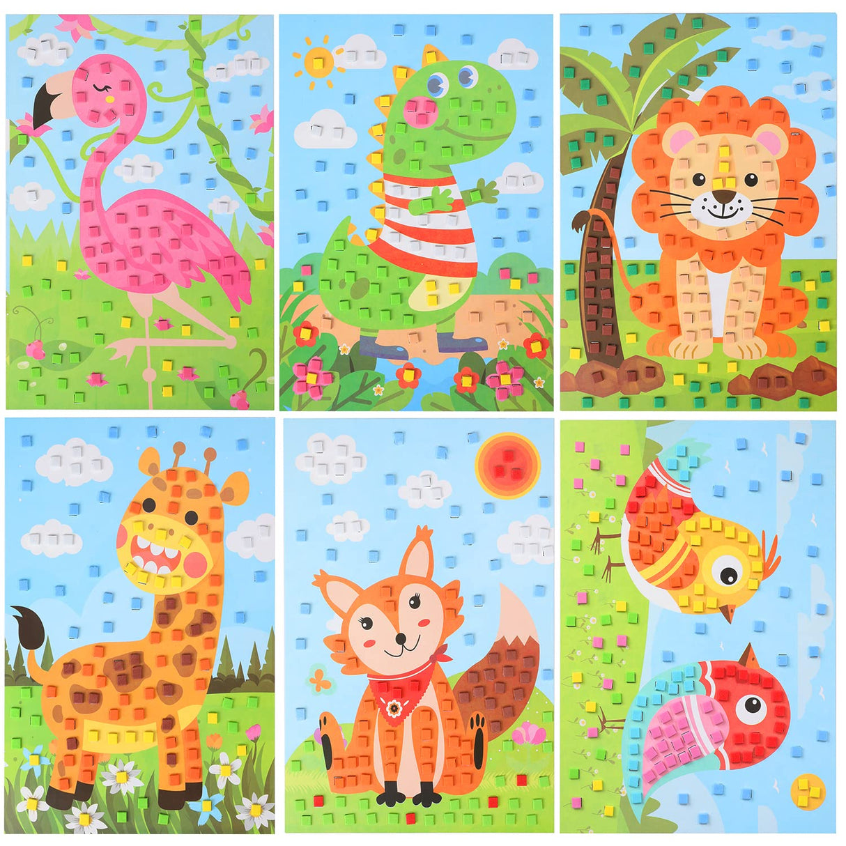 LZHZH 6 PCS - Mosaics Sticker Art Kit for Kids,1260 Pieces Sticky Foam DIY Craft for Boy Girl,Animals Sticker Craft Activities (Age 3+) LZHZH