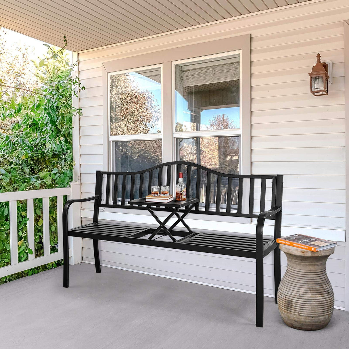 Yaheetech Outdoor Garden Bench w/Pullout Middle Table, Metal Patio Bench, Front Porch for Backyard, Weather-Resistant Frame, Patio Seating for 2-3 Person, Black Yaheetech