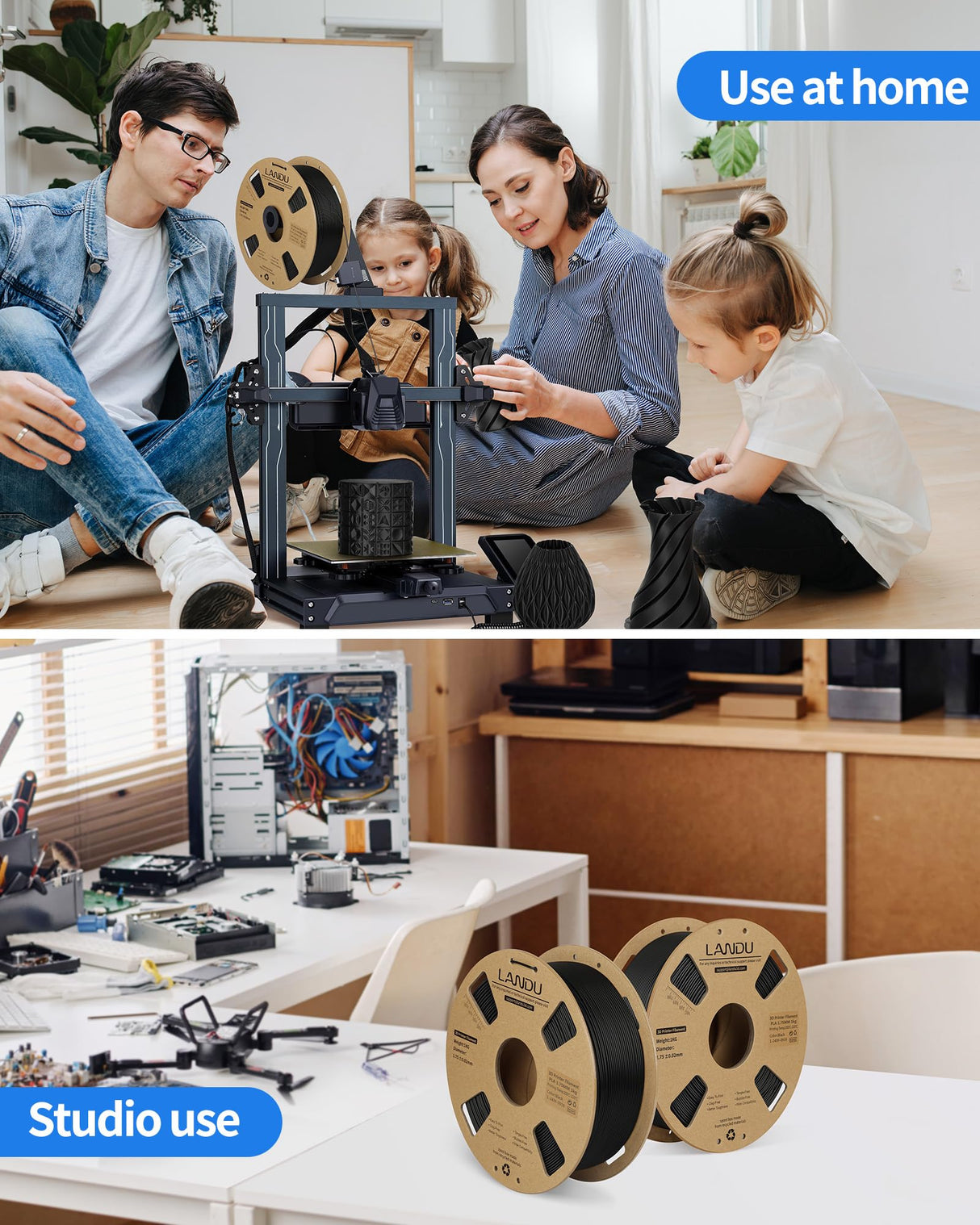 LANDU PLA Filament 1.75mm Black 1KG, 3D Printer Filament 1kg Cardboard Spool(2.2lbs), Dimensional Accuracy +/- 0.02mm, Neatly Wound 3D Printing Filament Fits for Most FDM 3D Printers, Black PLA LANDU