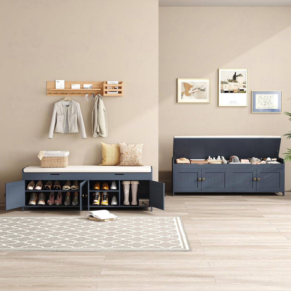 HOMEFORT 54.4" Shoe Bench with Lift Top Storage, Entryway Bench with Cushioned Seat, Wooden End of Bed Bench, Shoe Cabinet Bench with Hidden Storage Space, for Bedroom, Hallway,Blue HOMEFORT