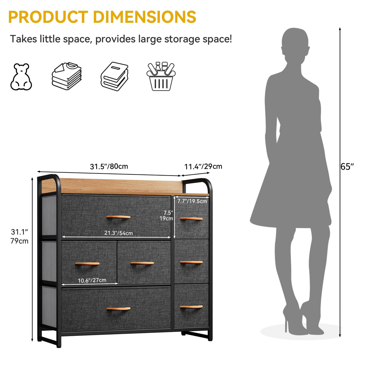 DWVO Fabric Dresser with 7 Drawers, Black Dresser & Chest of Drawers, Storage Tower with Large Capacity, Organizer Unit for Bedroom, Living Room & Closets DWVO