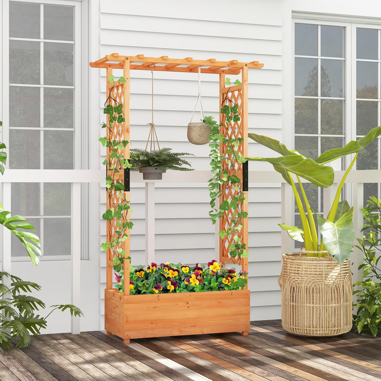 LDAILY Moccha Raised Garden Bed with Trellis, Wood Garden Planter with Hanging Roof, Drainage Holes, Freestanding Elevated Planter Box for Climbing Plants, Vines, Flowers, 43.5" x 17.5" x 72" LDAILY