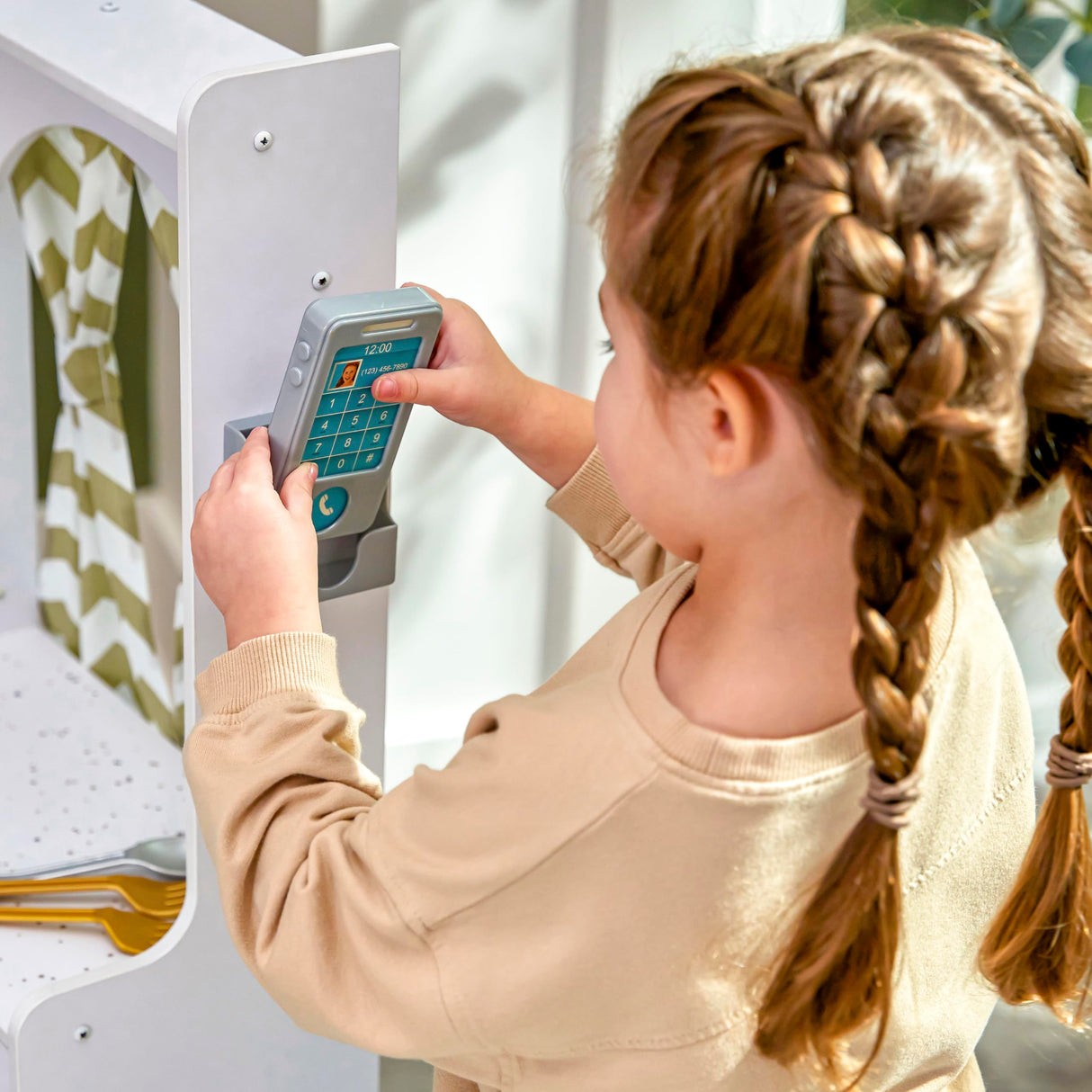 KidKraft Ultimate Corner Wooden Play Kitchen with Lights & Sounds, Play Phone and Curtains, White KidKraft