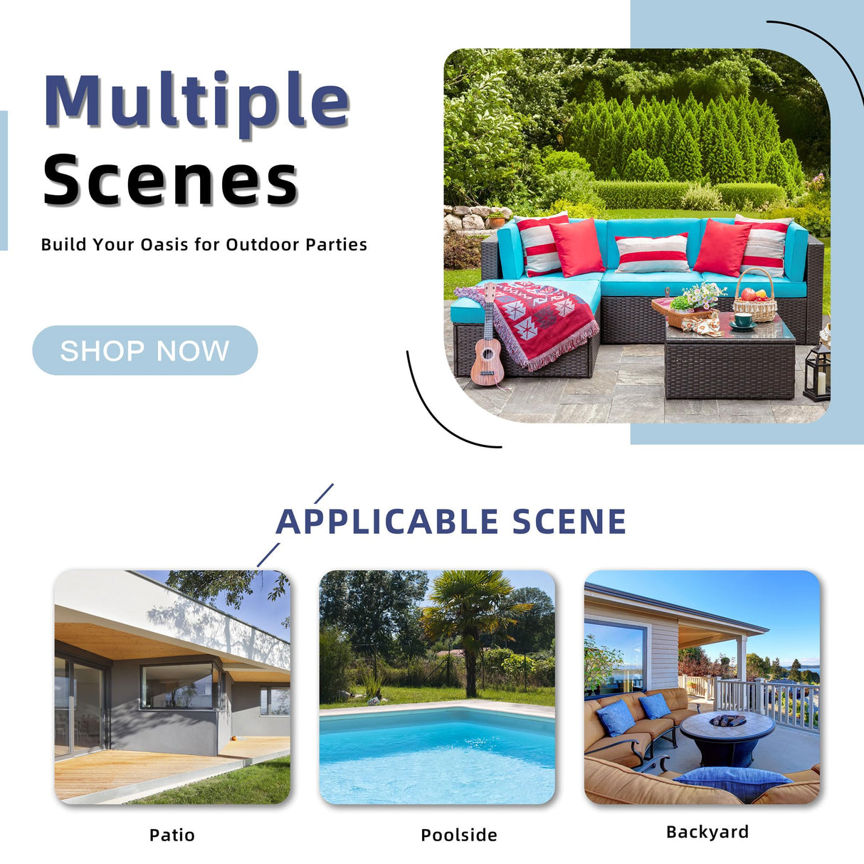 Vongrasig 5 Piece Furniture Sets, All-Weather Brown PE Wicker Outdoor Couch Sectional Small Patio Conversation Garden Sofa Set w/Ottoman, Glass Table, Blue Vongrasig