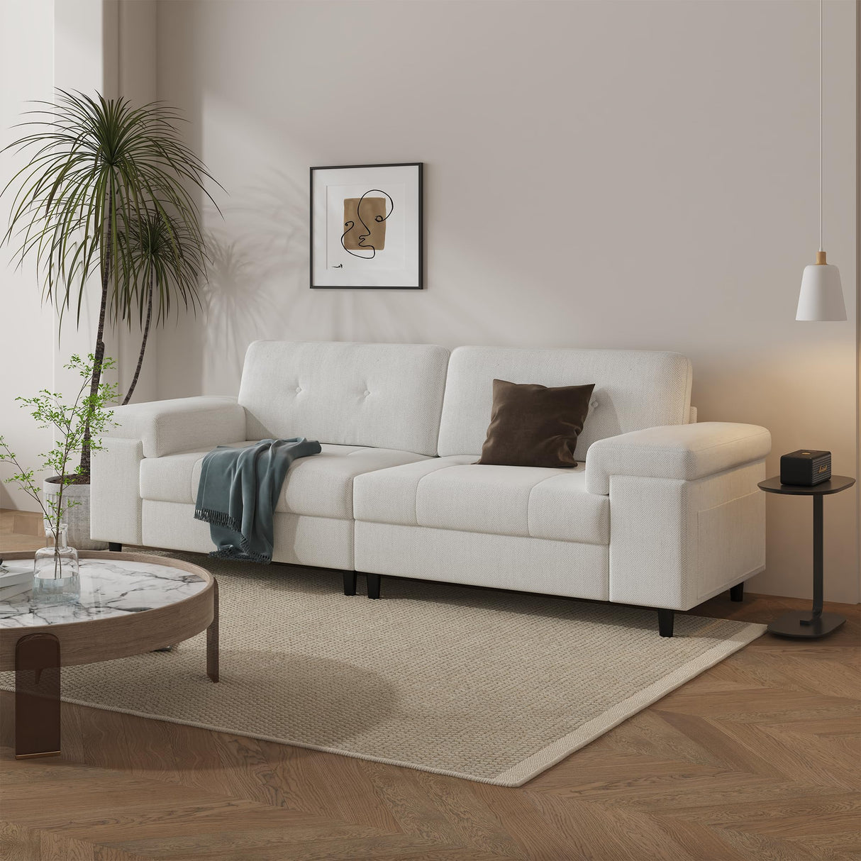 85 in Modern 3-Seater Sofa for Living Room,Chenille Fabric Deep Seat Couch with Adjustable Wide Armrests & Plush Button-Tufted Back, Comfortable Living Room and Bedroom Sofa, Easy Assembly(Beige) Garvee